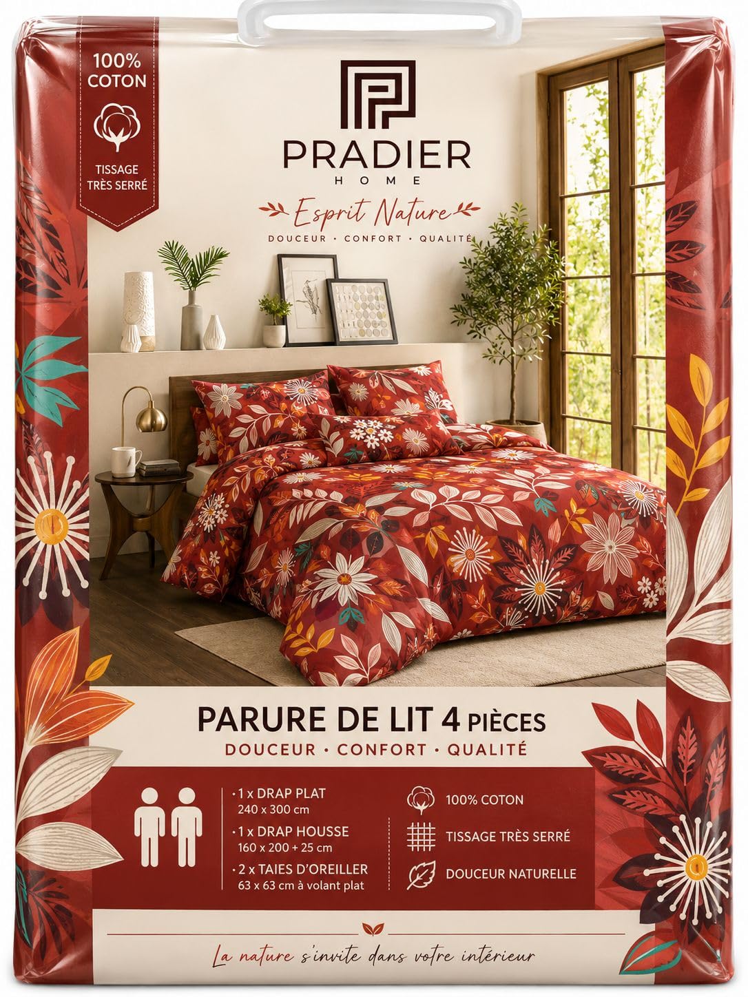 Parure de lit drap housse 160x200 et drap plat en coton premium motif floral