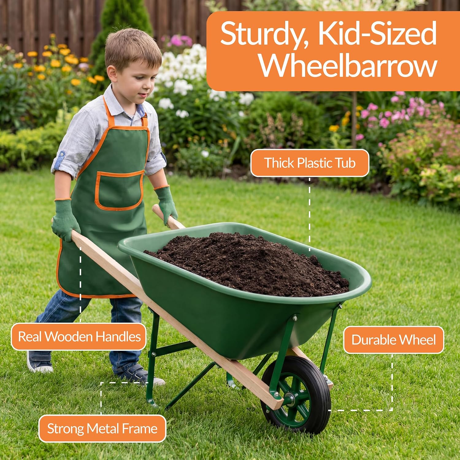 Best Choice Products Kids Wheelbarrow and Gardening Tool Set 8 Piece with Metal Tools, Watering Can, Apron and Gloves, Child Garden Play Set for Outdoor Backyard Play Ages 3+ - Green/Orange