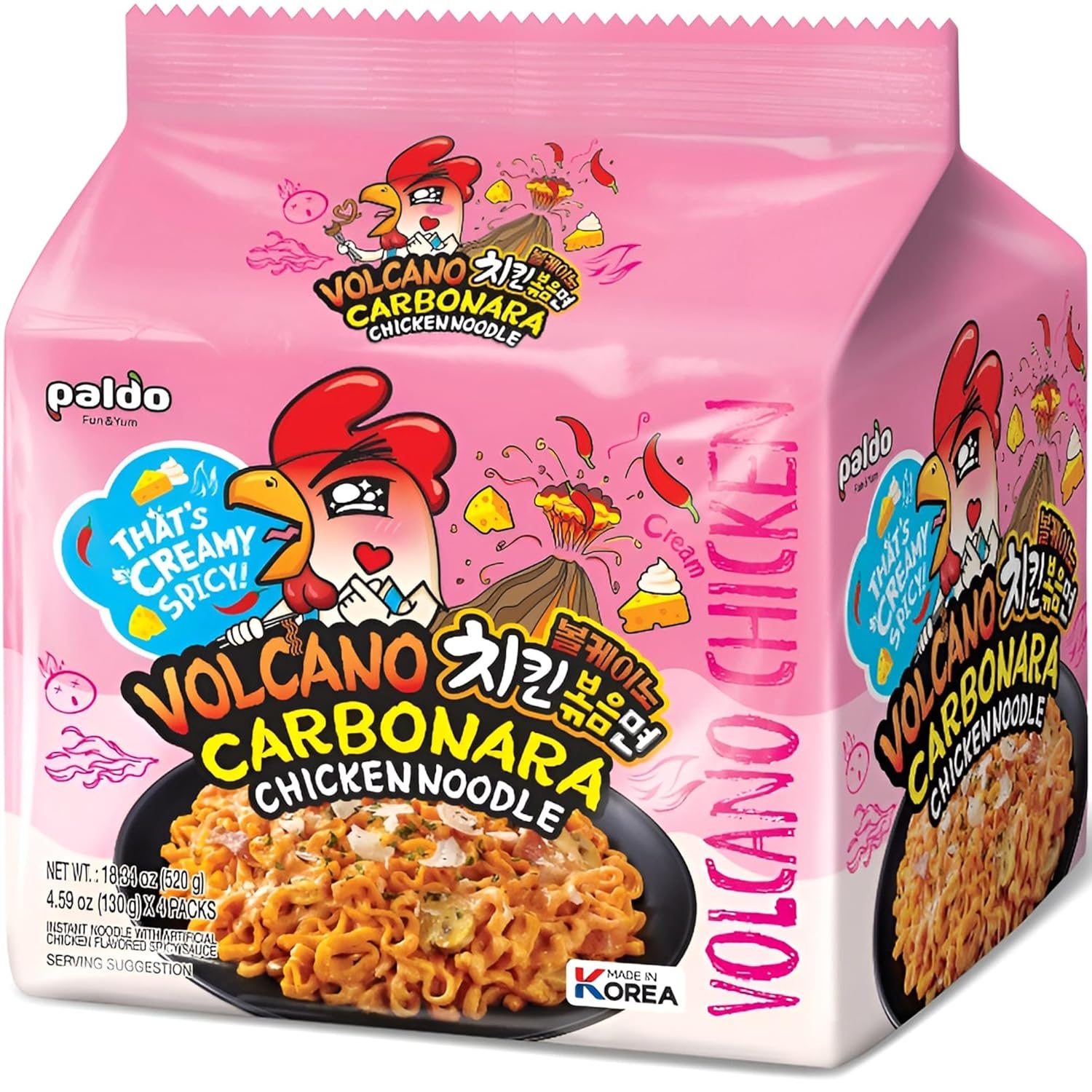 PALDO FUN & YUM Volcano Carbonara Creamy Spicy Chicken Noodle, 4.59 Ounce (Pack of 16)