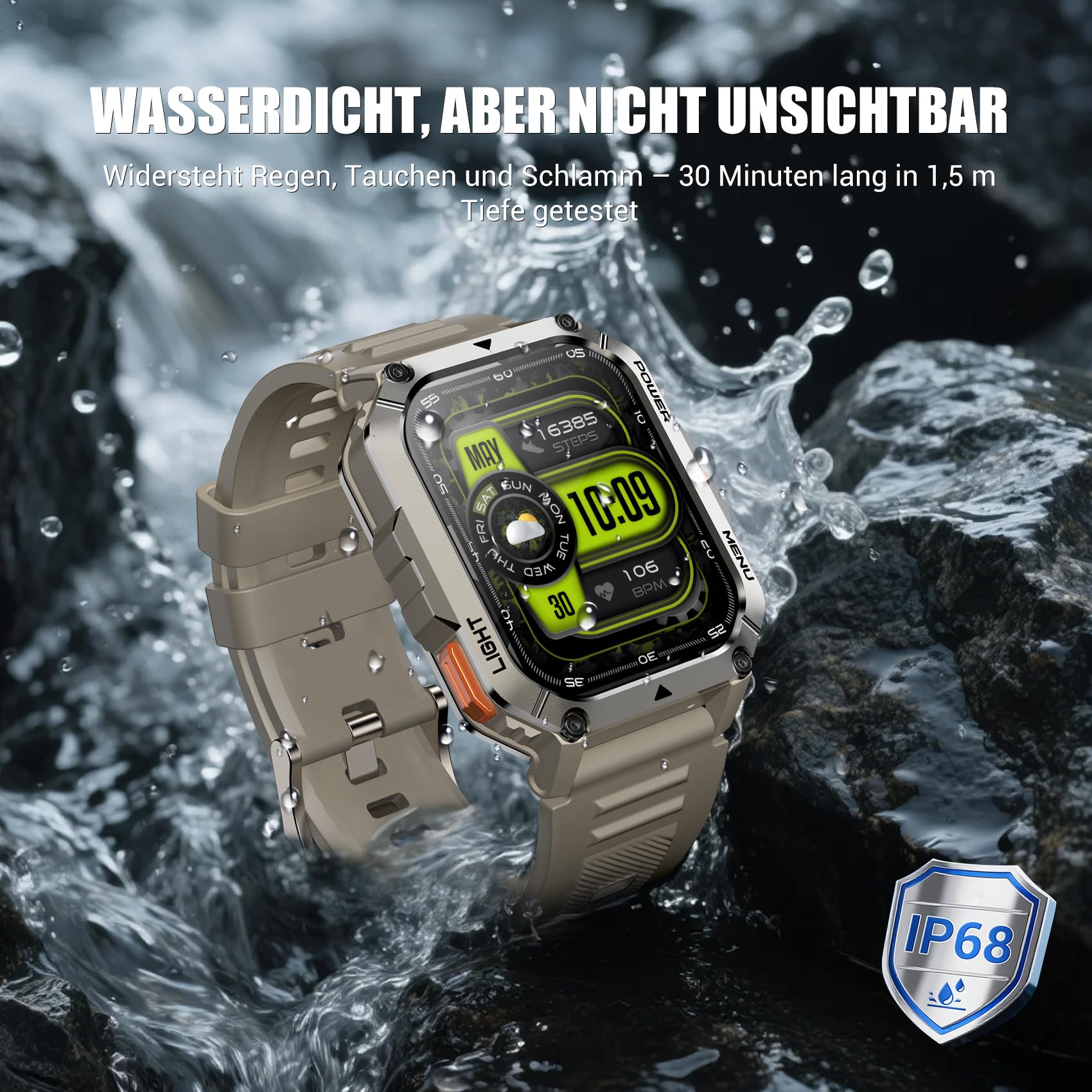 IOWODO Militär Smartwatch Herren 2,01 Zoll | LED Taschenlampe & Kompass | 900mAh/100 Tage Standby | 2 Armbänder | Bluetooth Anrufe | 100+ Sportmodi | IP68 Wasserdicht | 24/7 Gesundheitsmonitor