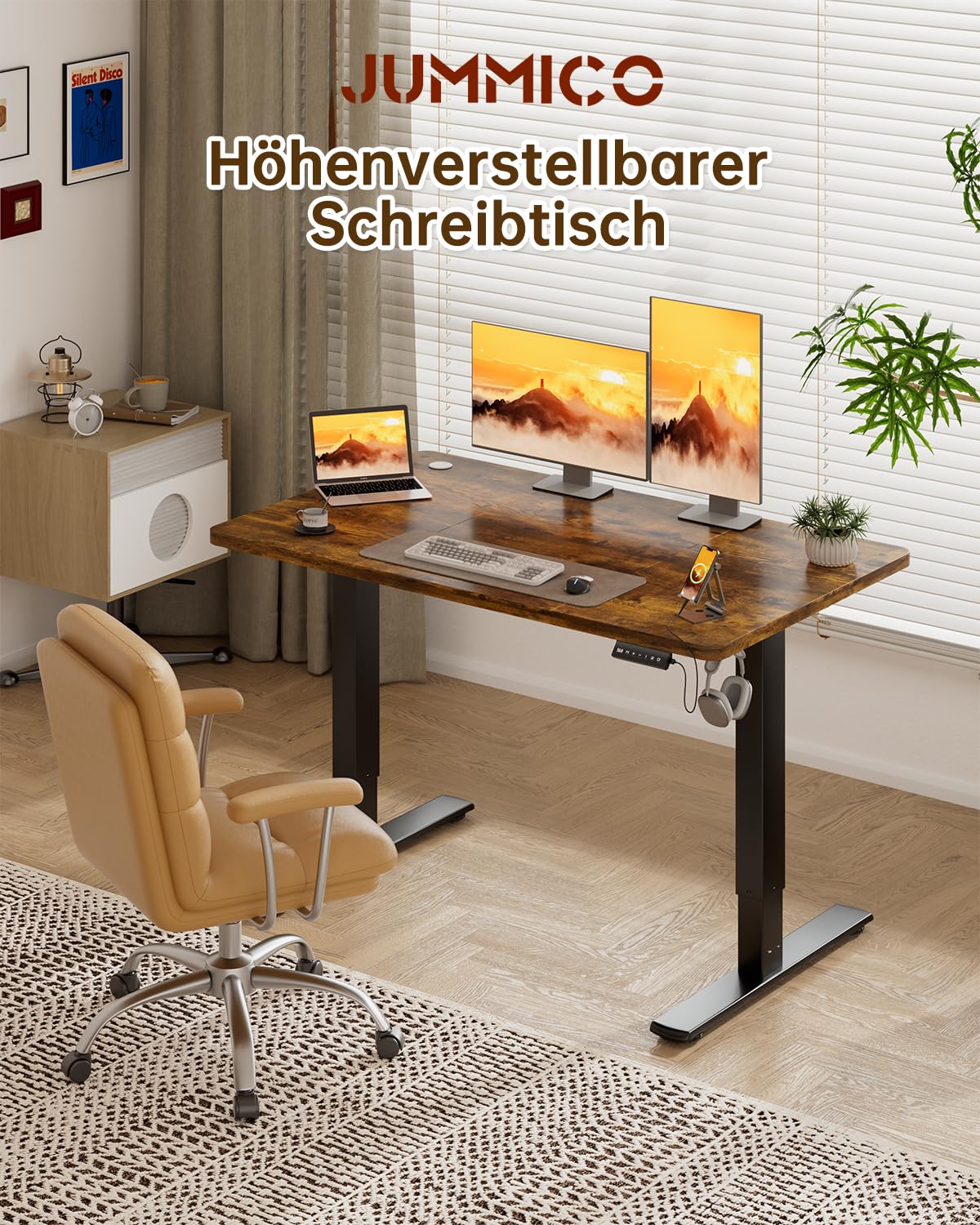 JUMMICO Höhenverstellbarer Elektrischer Schreibtisch 160 x 70 cm mit USB Ladeanschluss, Schreibtisch Höhenverstellbar, Ergonomischer Steh-Sitz Tisch Braun
