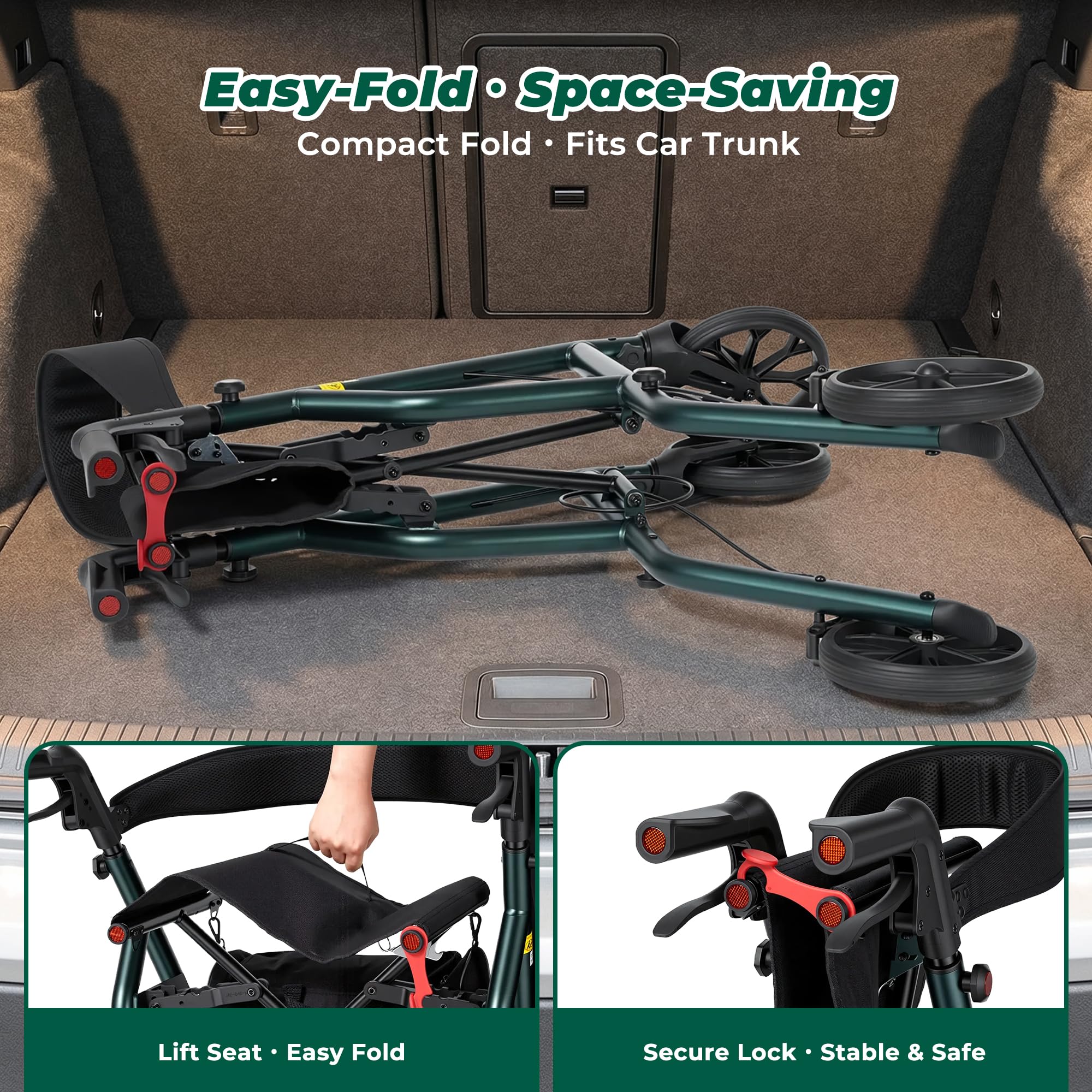 Careboda Andador plegable, ruedas 20cm, todoterreno, altura regulable | Perfil Estrecho para Interiores, Ruedas de 20 cm Todo Terreno, Mangos Regulables en Altura, Movilidad Reducida
