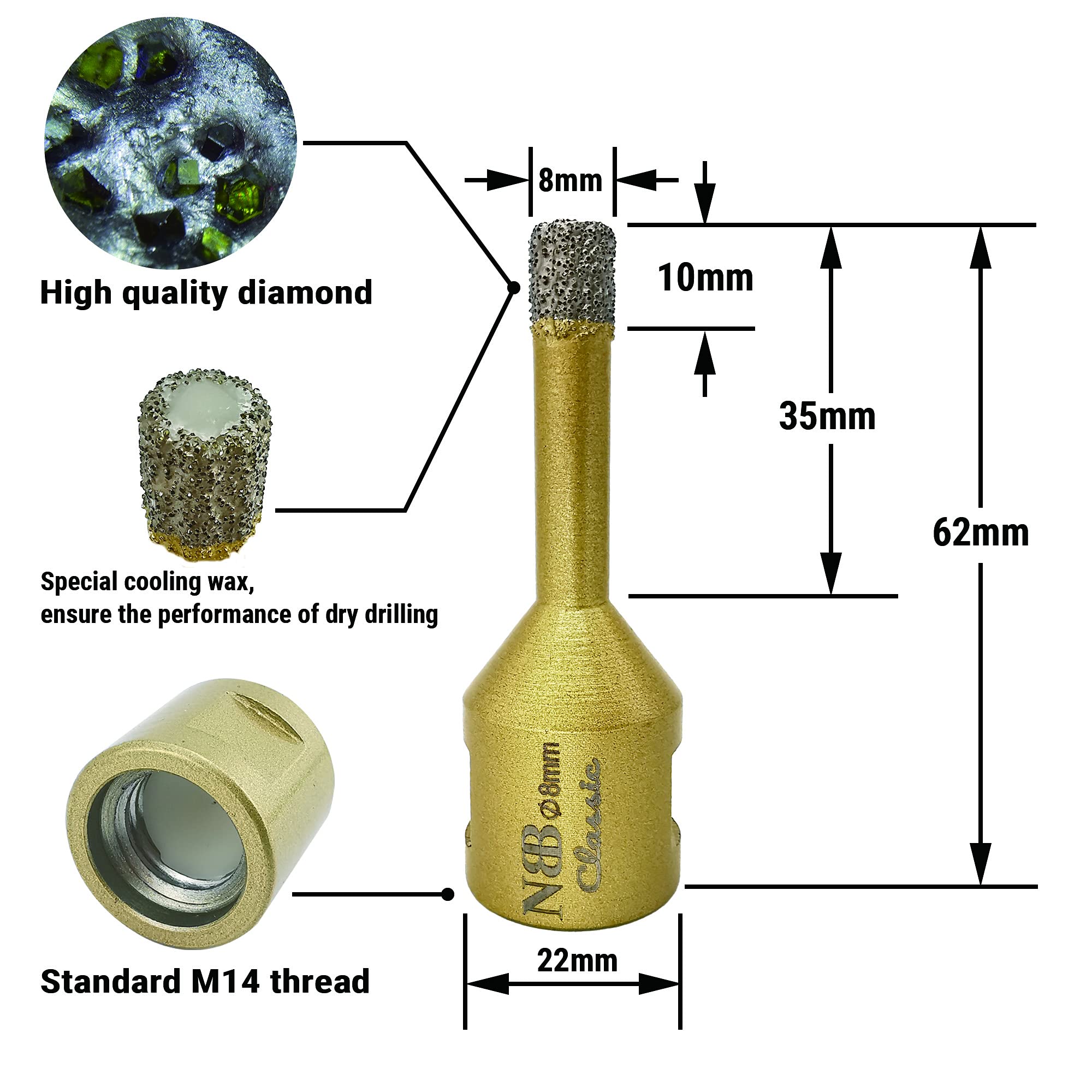 BRSCHNITT Diamanttegelboor, 6 mm, 5 stuks, vacuümgesoldeerd en boorkroon met schroefdraad M14 voor droog boren van porselein, tegels, graniet, marmer
