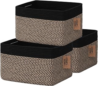 COMFY-HOMI 3 Pack Cotton Rope Square Baskets with Handles - 13.5x11x9.5" Storage Bins for Shelves, Toys, Shoes, Baby Gifts (Black/Jute)