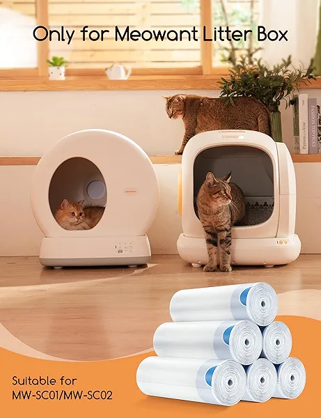 MeoWant Cat Litter Box Liner - 60PCS Heavy Duty Drawstring Trash Bags for MeoWant MW-SC01/MW-SC02 Automatic Self-Cleaning Boxes, Extra Thick Leakproof, 3 Rolls (20 Bags/Roll)