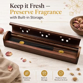 Rosewood Coffin Incense Stick / Cone Burner Holder with Storage Compartment & Mughal Inspired Brass Inlay, 12 x 2 inches - Black