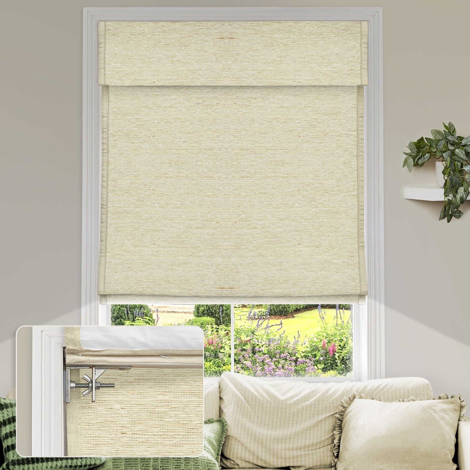 MiLin No Tools No Drill Cordless Roman Shades Privacy Linen Blackout Roman Window Natural Linen Fabric Blinds for Windows Treatment Bedroom Kitchen Living Room (Buff, 29 1/2