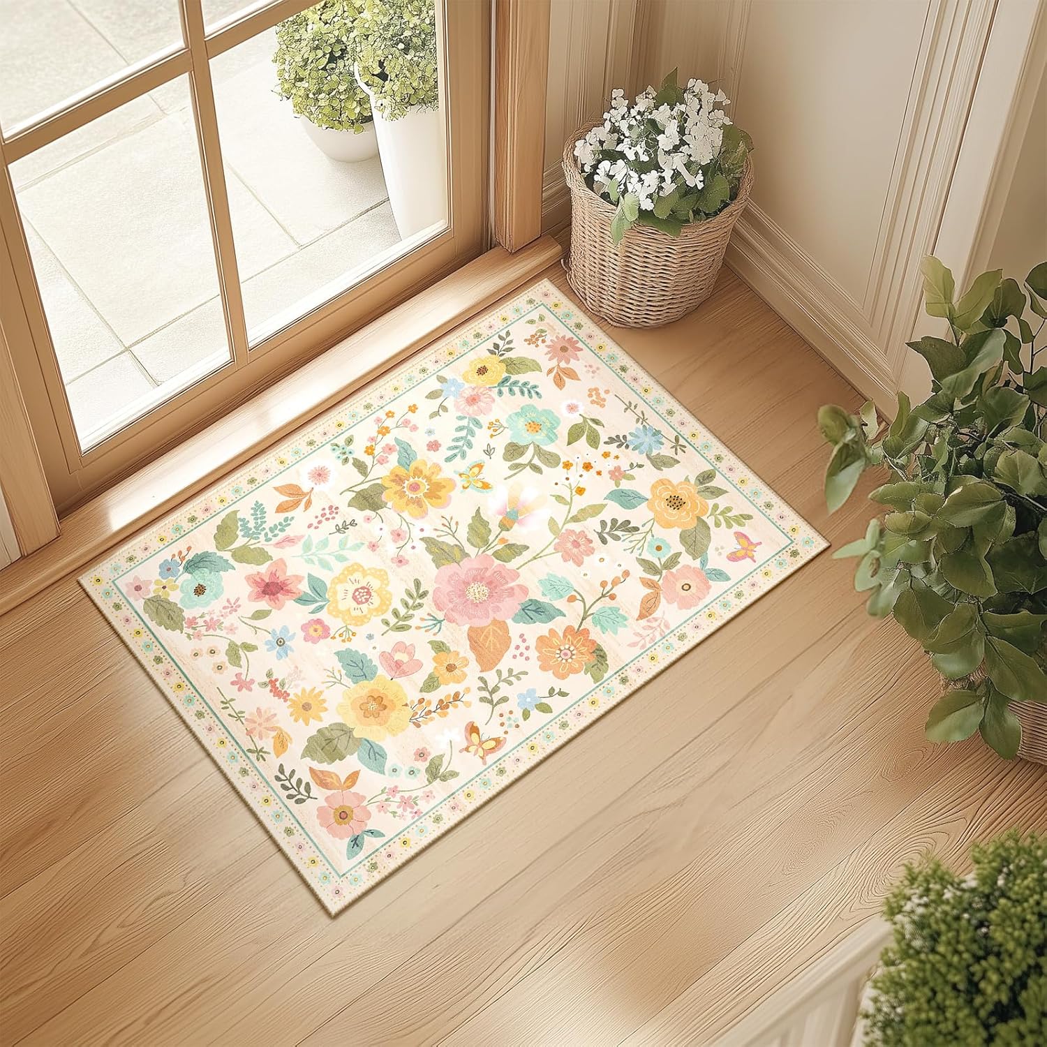 (Similar to photo)Floral 2x3 Area Rug Machine Washable Boho Carpet Non Slip Doormat Low Pile Flower Area Rugs for Living Room Bedroom Kitchen Dining Room Hallway Entryway Indoor-Beige/White/Orange Beige/White/Orange 2x3