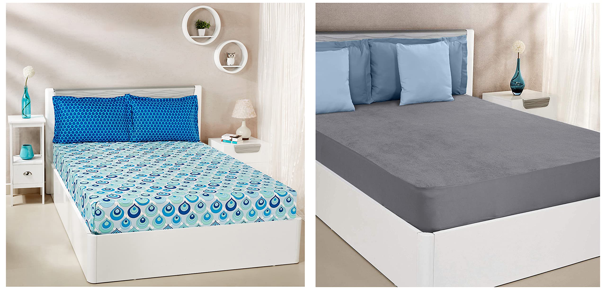 Amazon Brand - Solimo Water Resistant Cotton Mattress Protector 78"x60" - Queen Size, Grey & Mystic Drops 144 TC 100% Cotton Double Bedsheet with 2 Pillow Covers, Blue