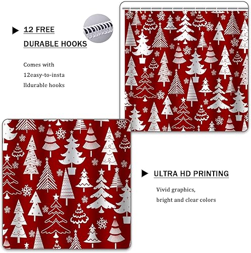 Miniatura 3 de Juego de 4 cortinas de ducha con alfombras antideslizantes, cortina de baño de Navidad con 12 ganchos, cubierta para tapa de inodoro y tapete de