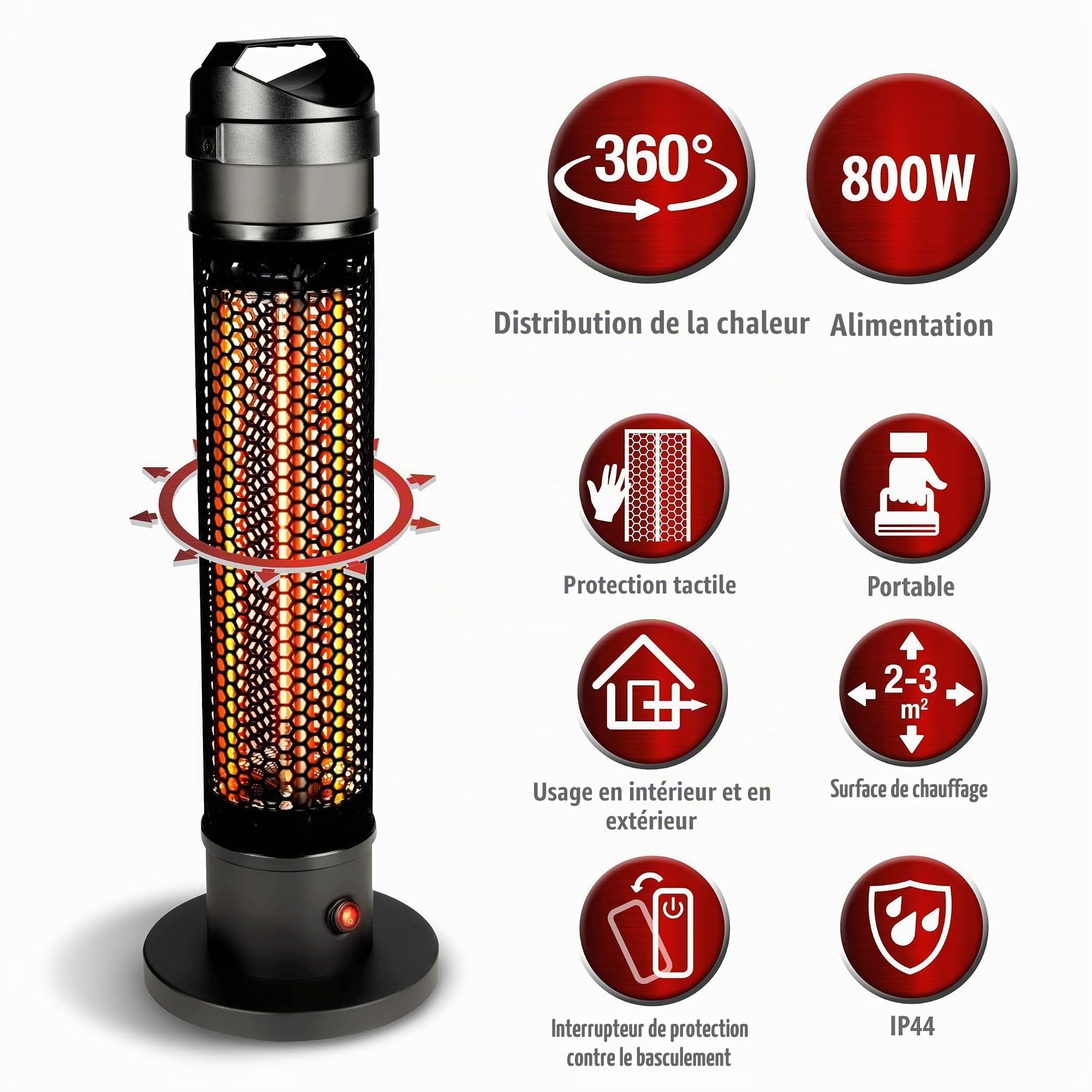 alpina Chauffage Électrique Infrarouge – Chauffage Exterieur Terrasse Électrique 800W - Lampe Infrarouge pour Intérieur et Extérieur - Étanche IP44 - Chauffage Portable Fibre Carbone - Noir