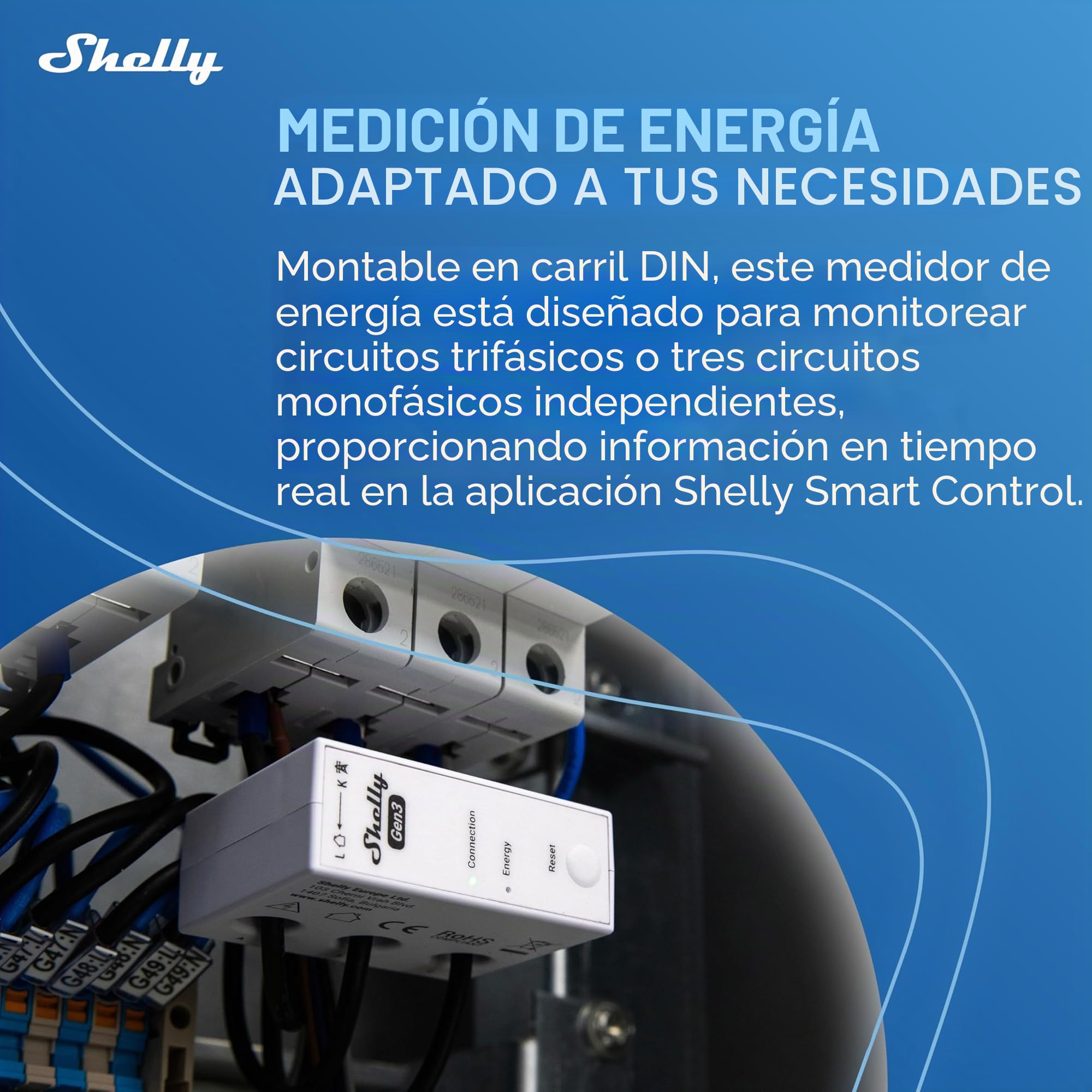 Shelly 3EM-63W Gen3- Wi-Fi & Bluetooth, Supervisión de Energía, Medición de Corriente Sin Contacto, Compatible con Fotovoltaicos, Instalaciones Trifásicas o Monofásicas, Reloj en Tiempo Real, iOS