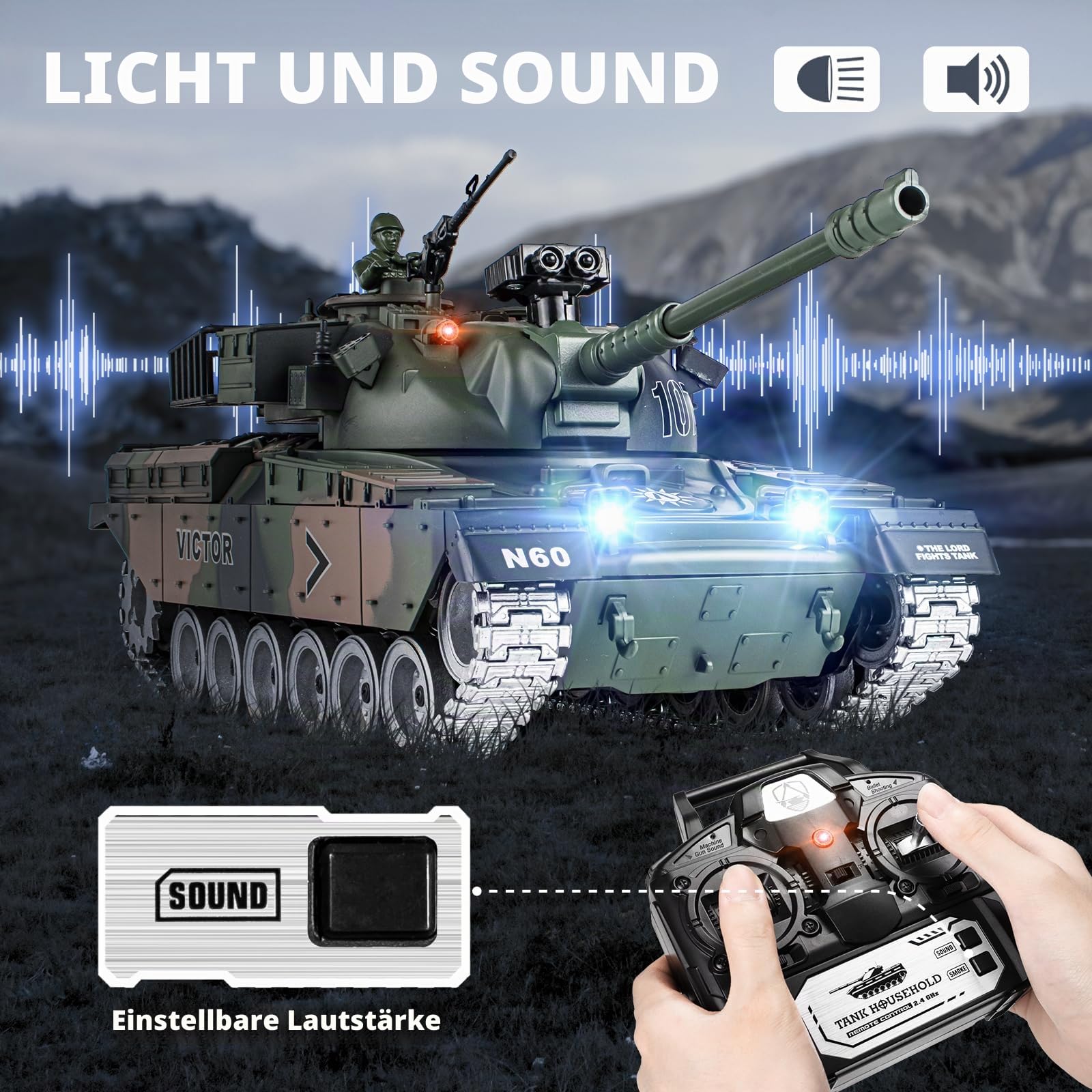 1:18 RC Panzer US M60, 2,4 GHz Ferngesteuert Panzer, Militär Modell mit BB Schussfunktion, RC Armee Spielzeug, Modellpanzer für Kinder ab 6 Jahren und Erwachsene mit realistischer Rückstoßfunktion