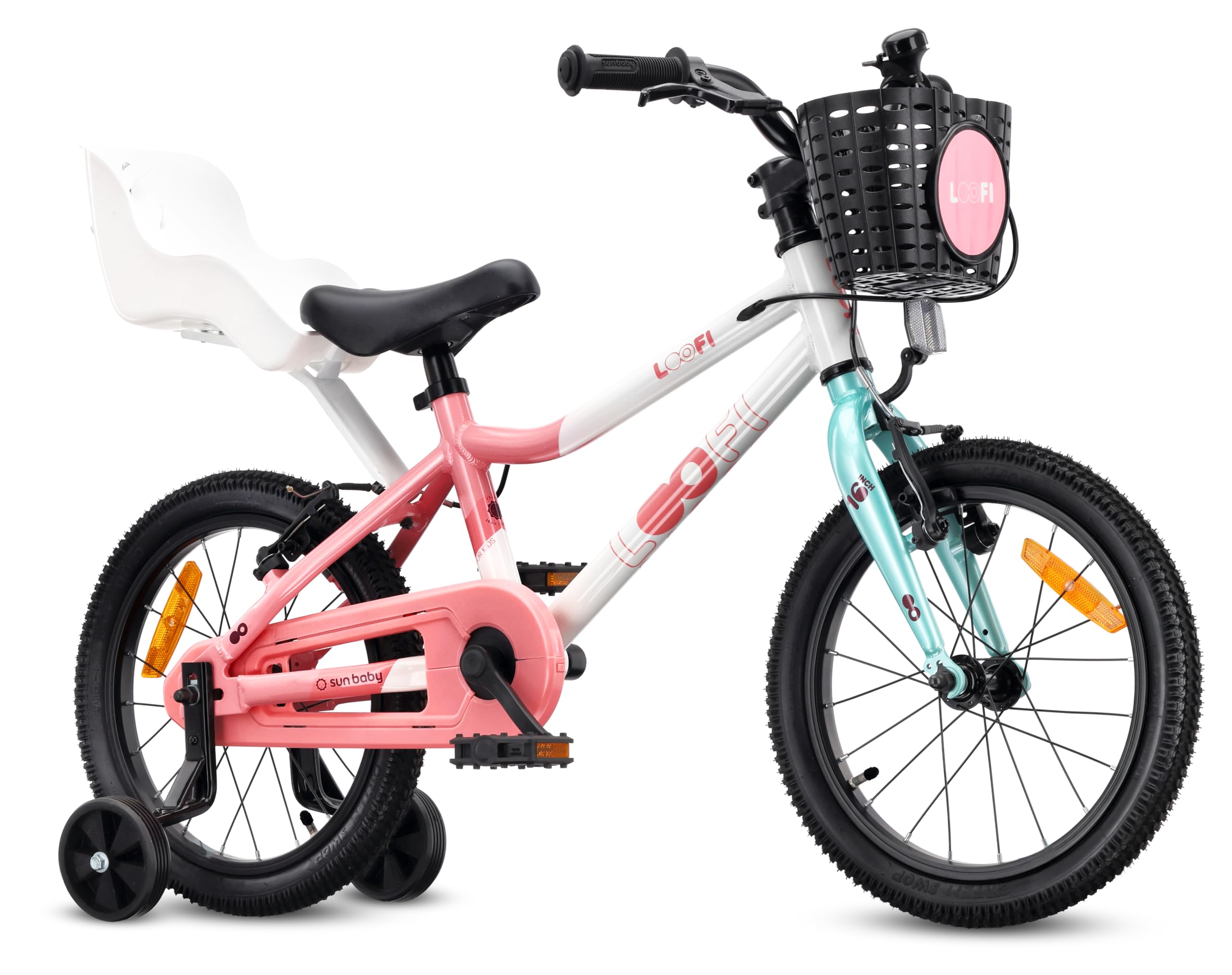 sun baby LOOFI Bicicleta niño y niña 12, 14 o 16" | Para 2–6 años, cuadro de aluminio ligero, ruedines, cesta, timbre y pegatinas