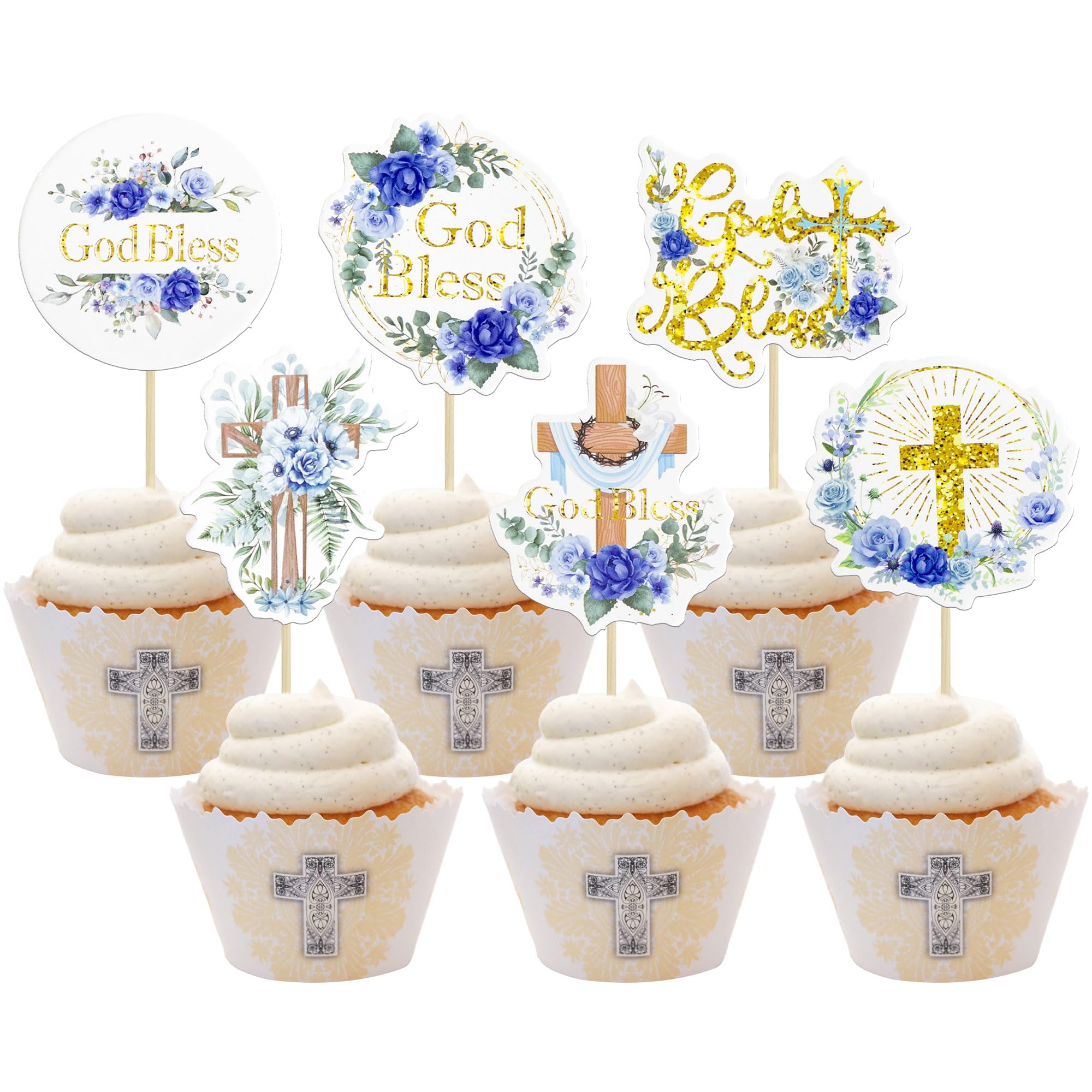 Gyufise 36Pcs God Bless Cupcake Toppers Cross Wreath Cupcake Picks for Christian Baptism Baby Shower Boys Girls First Communion Party Cake Decorations Supplies Blue — image 1