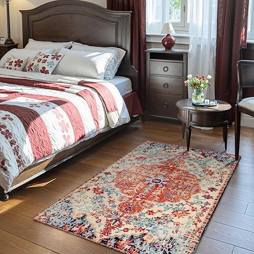 Miniatura 3 de Lahome Alfombra bohemia con medallón floral de 3 x 5 pies, suave, impresa, para baño, cocina, entrada, vestíbulo, vintage, antideslizante, lavable