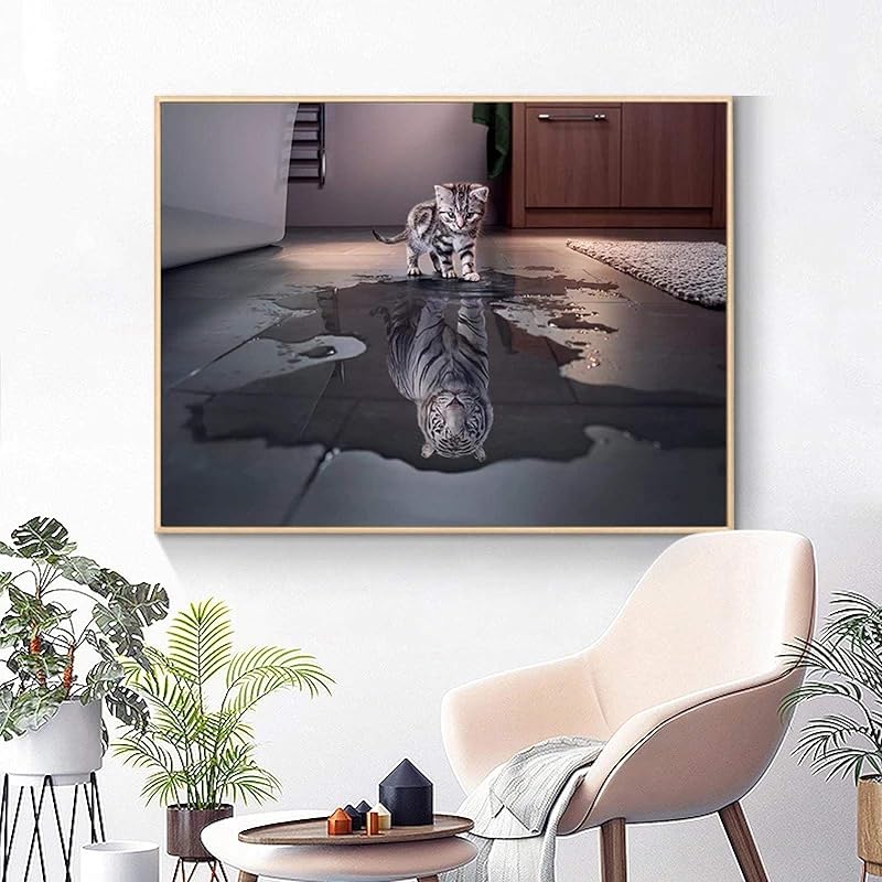 猫の反射は虎の壁のようですアート動物のポスターキャンバスの写真にプリントを描くホームキッズルームの装飾壁画50x75cm x30in フレームレス Nqevqavcnv Godawaripowerispat Com