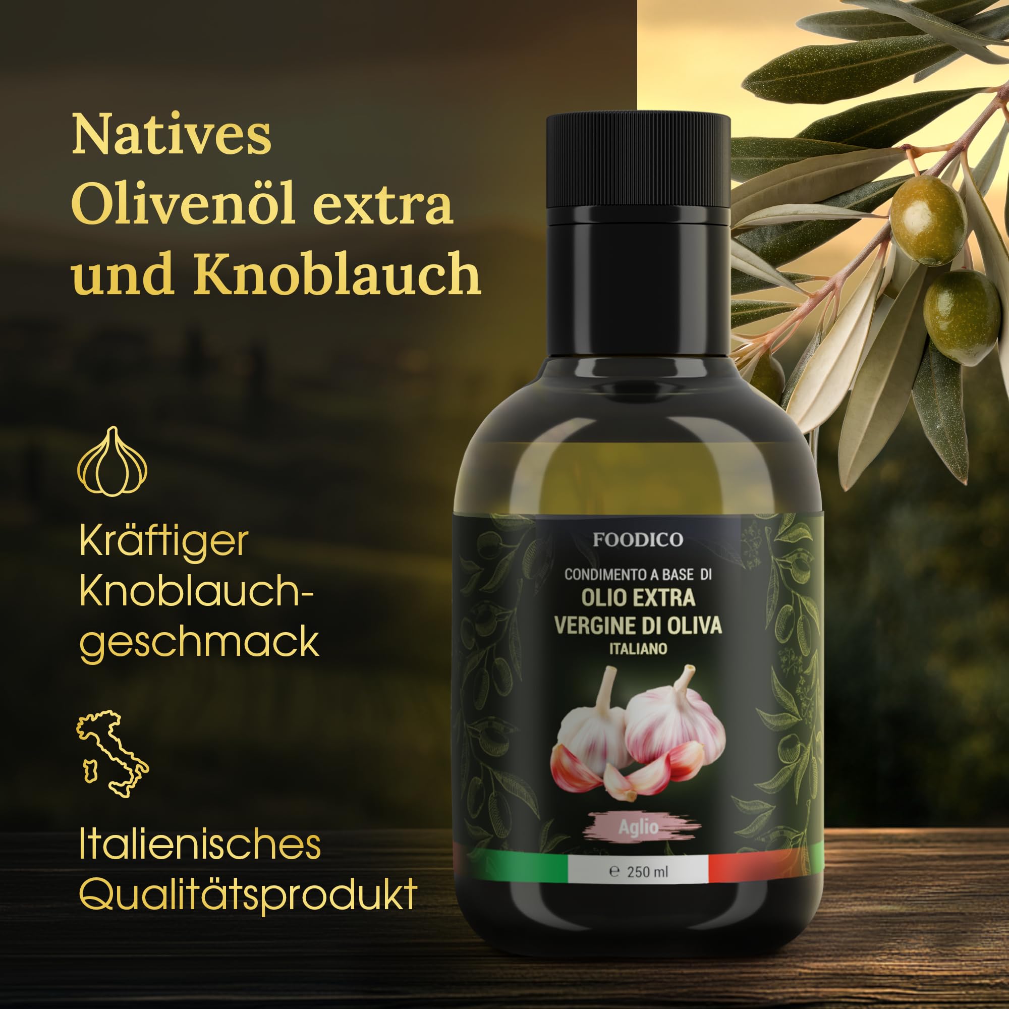 Foodico Knoblauch Olivenöl | Italienisches Olivenöl Extra Vergine | kaltgepresst, ohne Zusatzstoffe | 250 ml - 4