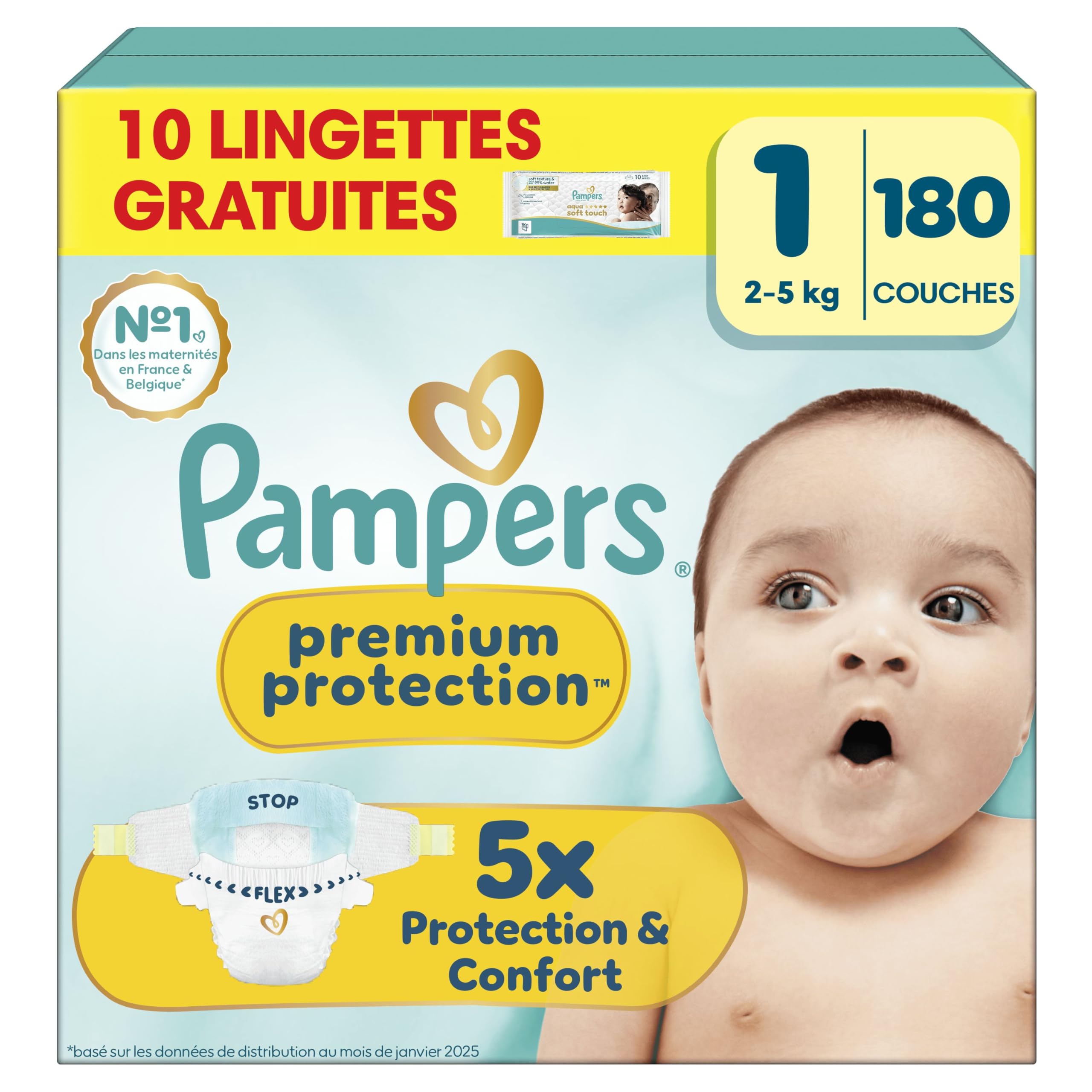 Pampers Premium Protection Taille 1 Couches 2kg-5kg Notre N°1 Pour La Protection De La Peau Et Contre Les Fuites + 10 Lingettes Aqua Soft Touch Offertes