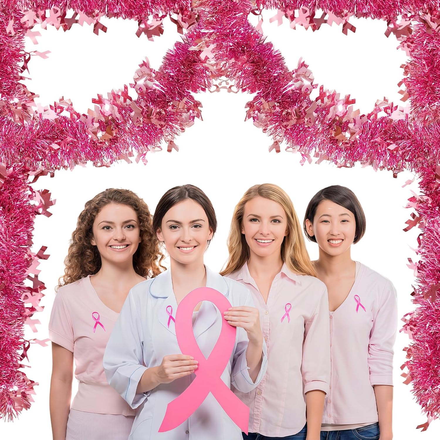 Breast Cancer Awareness Party Decorations Cancer Free Party 65.6ft Pink Ribbons Tinsel Garland Metallic Hanging Photo Booth Prop Parade Floats Tree Indoor Outdoor Decor for Caring Women's Health
