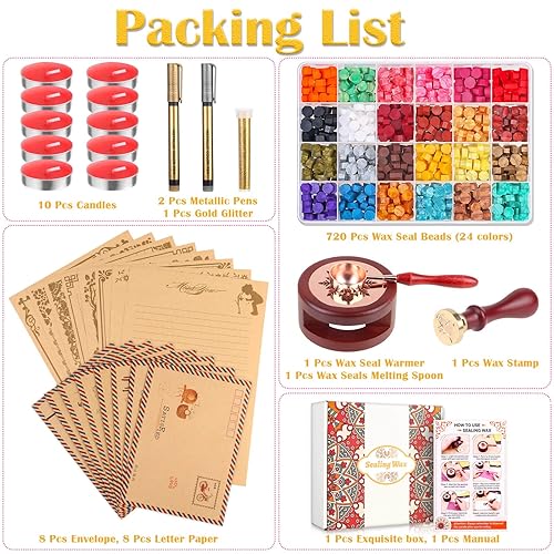 Miniatura 5 de Anezus Kit de sellado de 754 piezas con cuentas de cera, sello, calentador, sobres vintage, bolígrafo metálico para sellado de cartas, invitaciones,