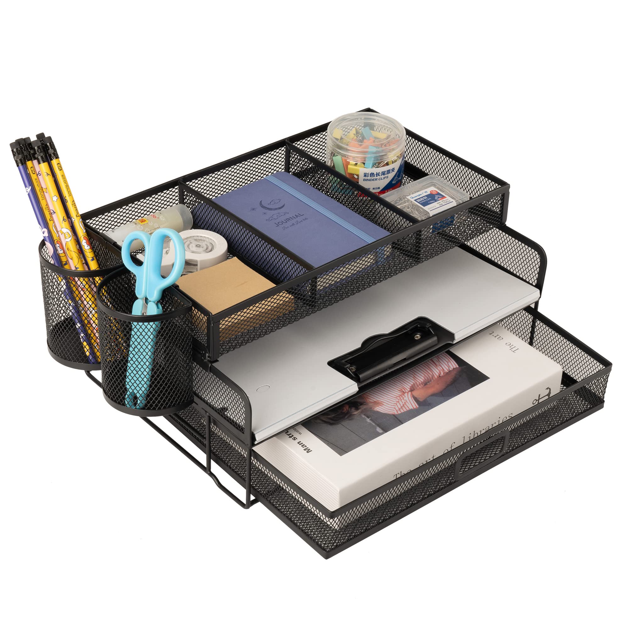 Desk Organizers and Accessories - 3 Tier Mesh Desk Organizer with Drawer and 2 Pen Holder, Desktop File Organizer to Collect Office Supplies
