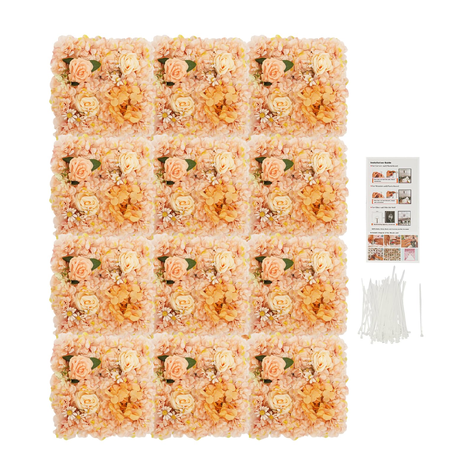 Künstliche Blumenwand 12 Stück 38x38 cm, Rosenpaneel für Hochzeit Deko | 5 Blumenarten (Rose, Hortensie, Sonnenblume) mit 100 Kabelbindern. Handgefertigt, wasserfest, UV-beständig. Innen & außen.