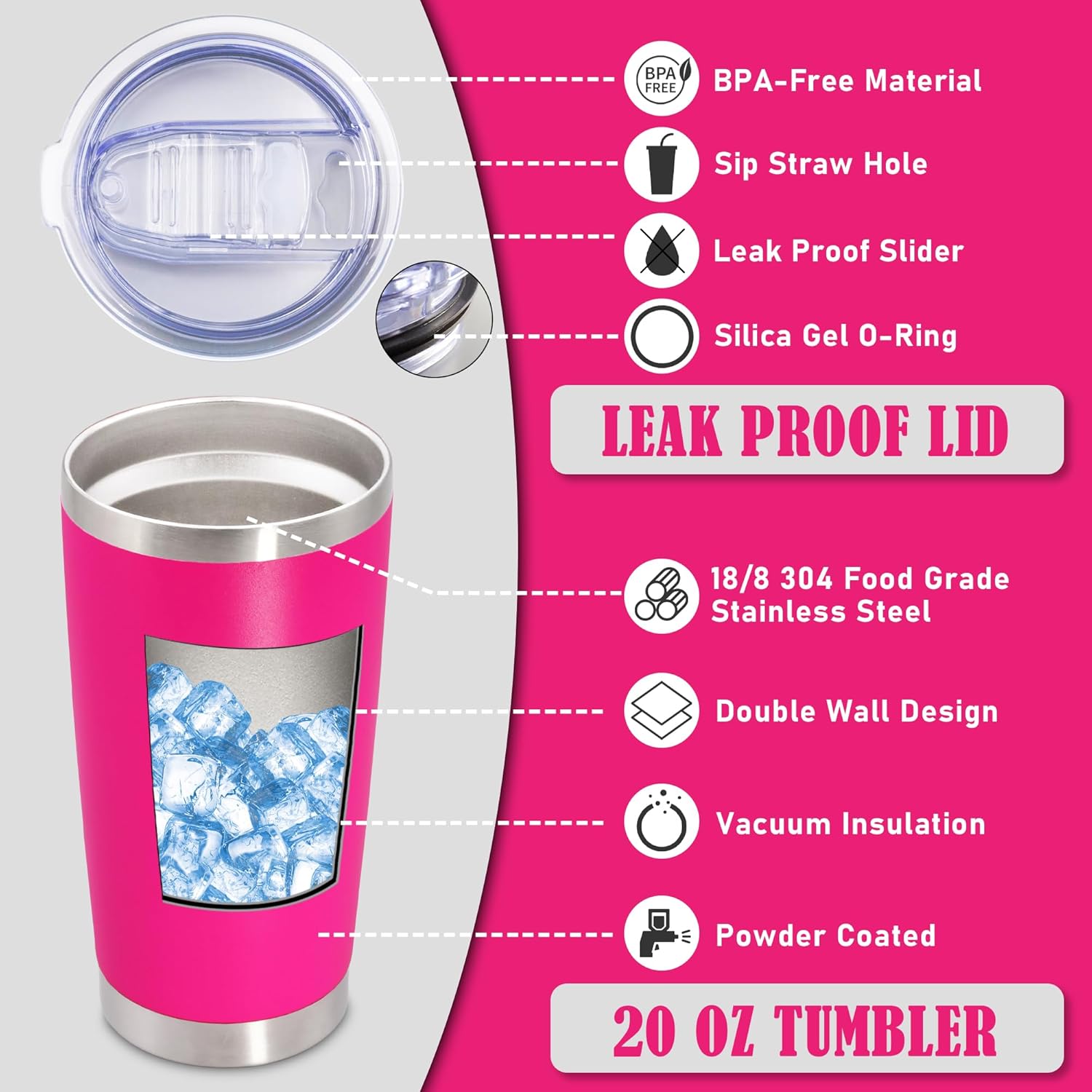 20 oz Tumbler Coffee Travel Tumblers Bulk with Lid Stainless Steel Double Wall Vacuum Insulated Mug Powder Coated Cups fit Car Cupholder for Hot and Cold - Hot Pink, 1Pack - Image 3