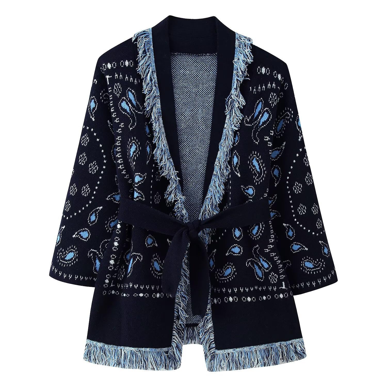 Womens Tassel Shawl Cardigan Sweater Vintage Printed V Neck Tie Waist Wrap Cardigan Fall Loose Outerwears