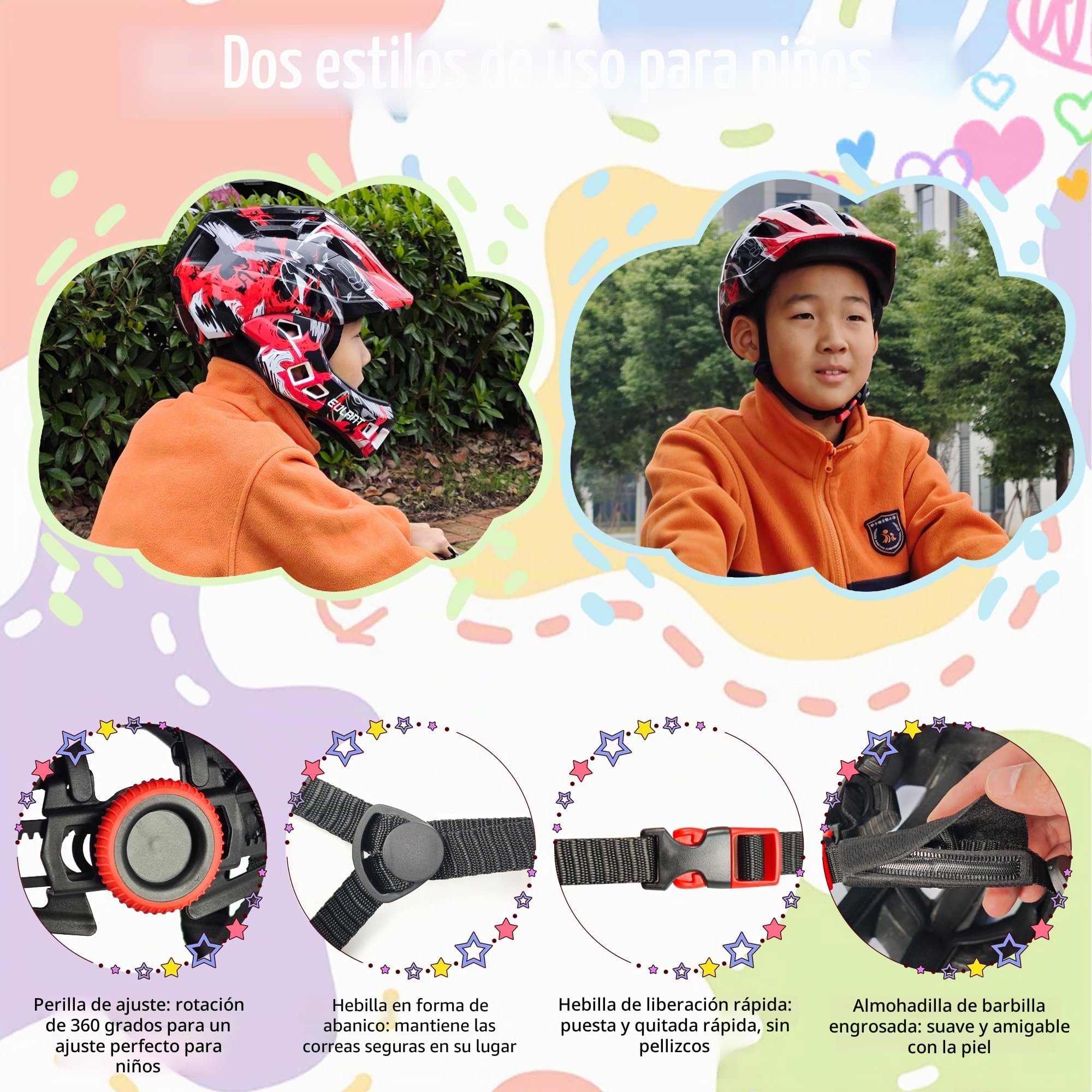 EULANT Casco Integral Niño,Casco de Patinaje para Chicos y Chicas,Casco con Cubierta Protectora Extraíble para Barbilla para BMX MTB Bicicleta Moto Scooter