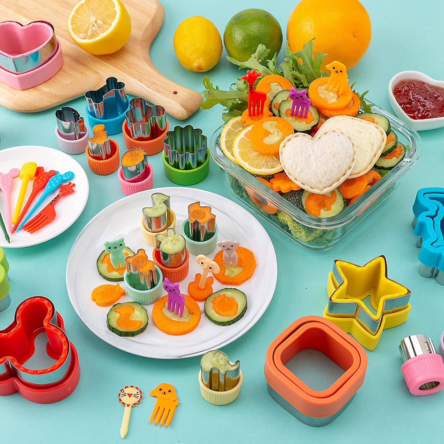 Ausstechformen Ausstecher Brot und Gemüse 48 Stück, Plätzchen Toast Weihnachten Ausstecher mit Food Picks Obstgabeln, Dinosaurier Stern Quadrat Herz