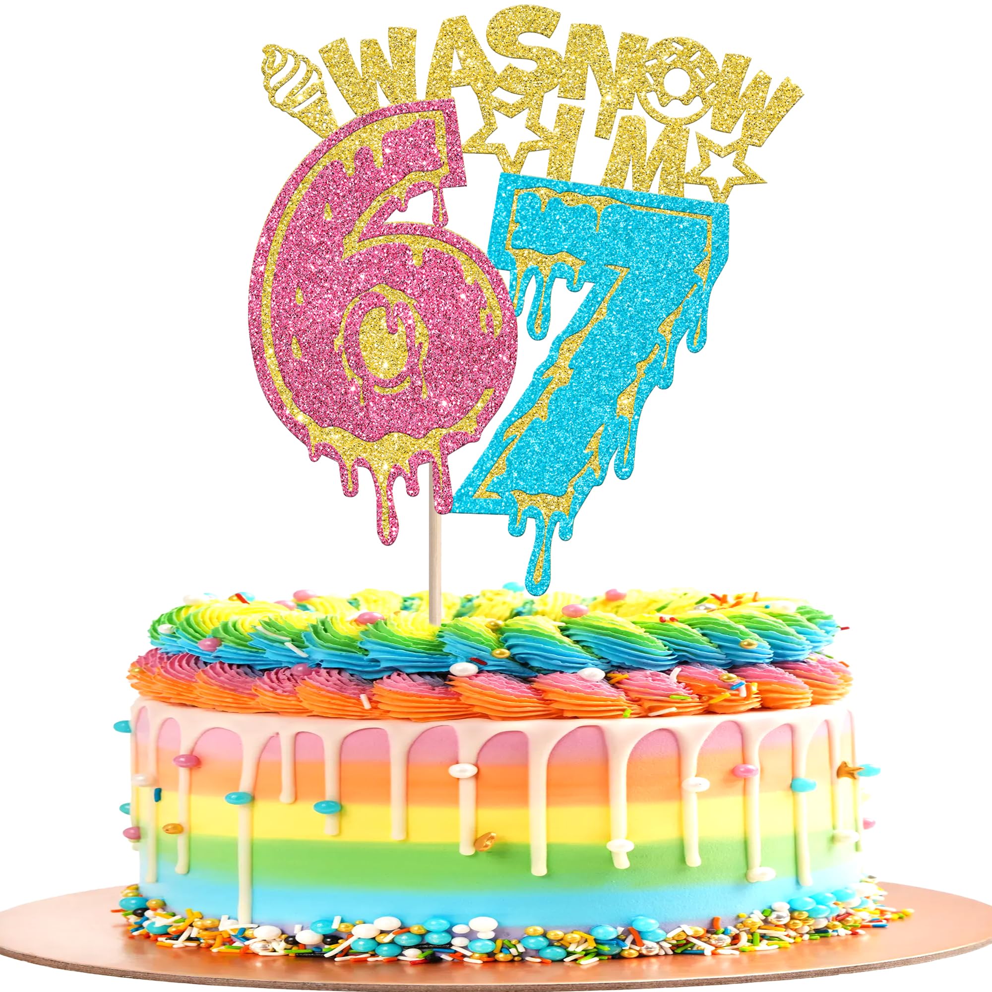 1 Stück 7th Geburtstag Tortendeko Lustig Glitzer Six Seven Cake Topper Ich war 6 jetzt bin ich 7 Kuchen Deko für Prost auf 7 Jahre Geburtstag Party Kuchen Dekorationen Blau Gold Rosa