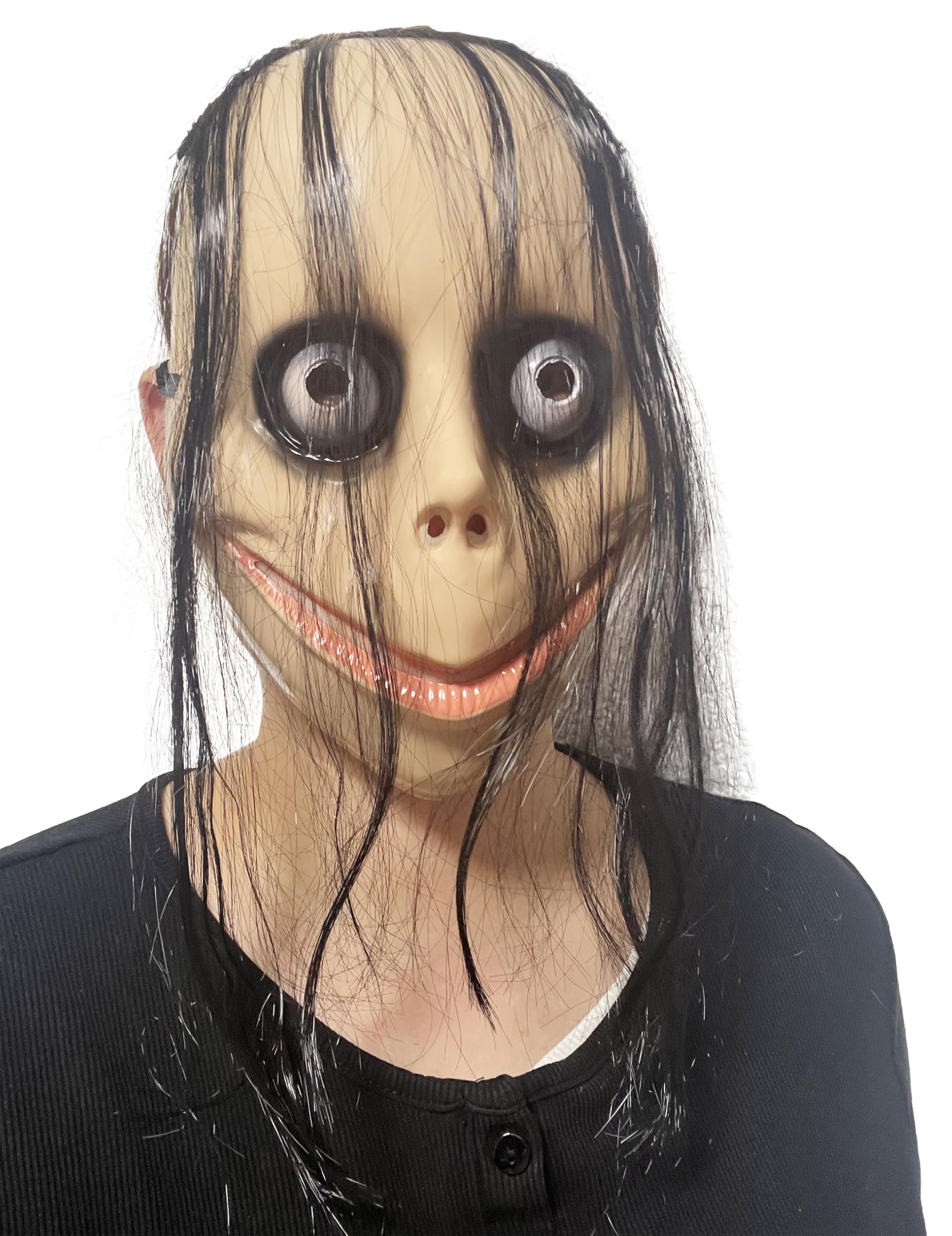 Yusons Momo Máscara Terror de Halloween, Máscara de Chica Horrible con Pelo Largo para Disfraz de Momo, Caretas Halloween Mujer para Disfraz Miedo