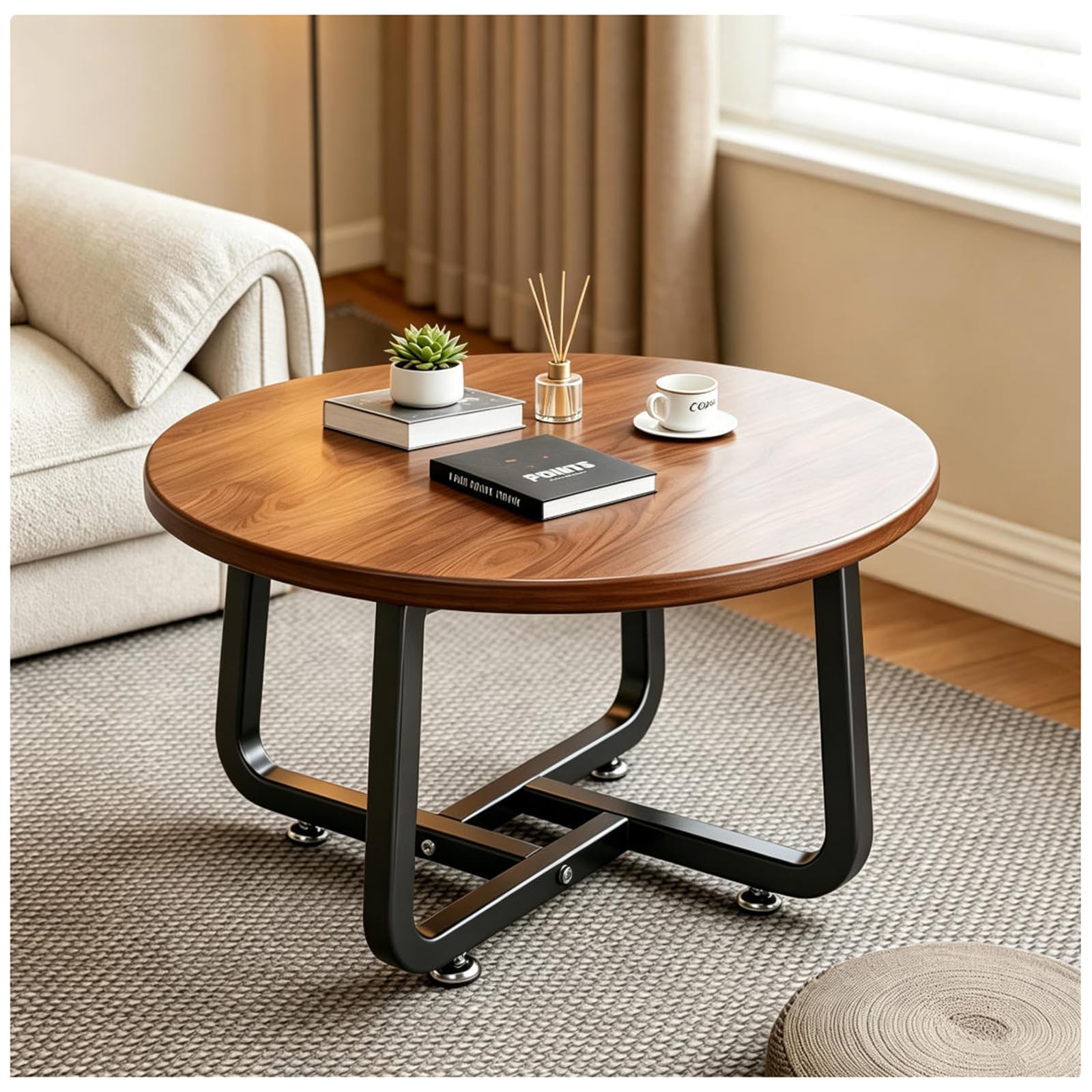 Jhaismao A Round Coffee Table For Floor Sitting, Small Rustic Wood Top With Sturdy Metal Frame, Minimalist Side Table For Couch, Versatile Desk Tablet For Office & Farmhouse Decor(Size:80x43cm,Color:a)