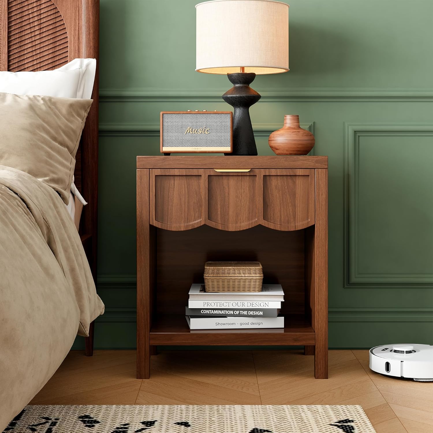 24" Nightstand Set of 2, Solid Wood End Table with Wave Panel Drawer, Mid Century Modern Chest of Drawers, Wooden Side Table Bedside Table for Bedroom, Living Room, Small Space, Walnut Oak