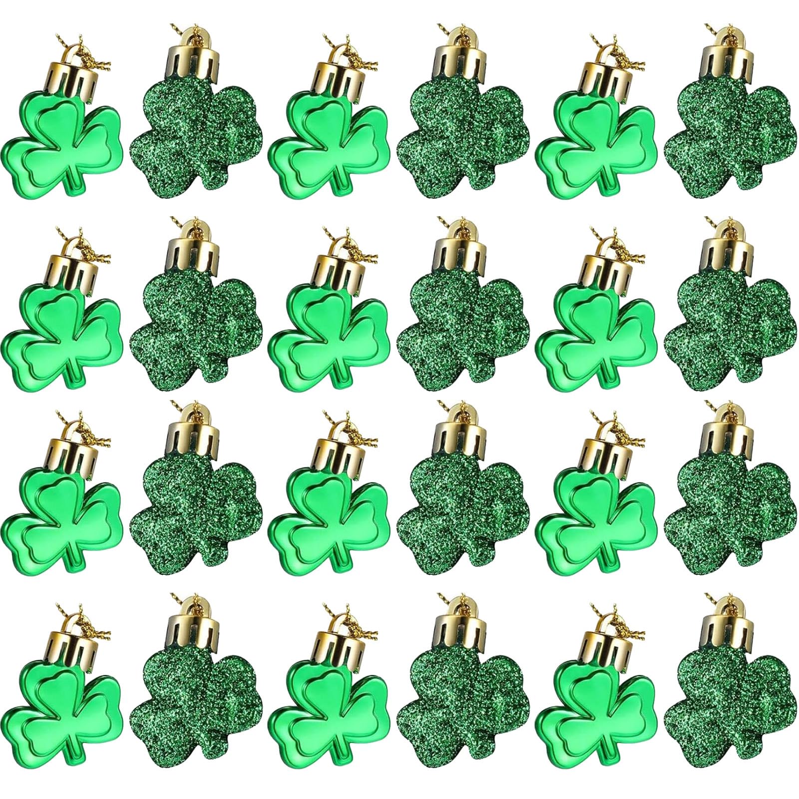 Leinuosen 24 Pieces St Patrick's Day Shamrocks Ornament for Tree Mini Clover Decorations Lucky Irish Green Trefoil Hanging Bauble for St Patricks Day Table Shelf Festival Decoration(Glossy& Glitter)