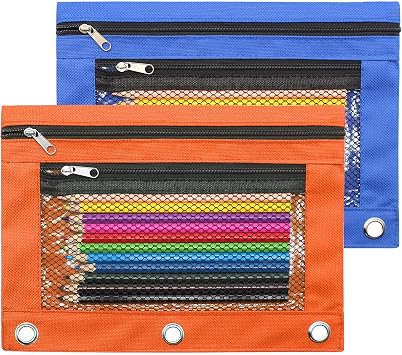 Pencil Pouch 3 Ring Binder Pouch Zippered Pencil Case Canvas Pencil Bag with 2 Compartments Set of 2, Blue and Orange