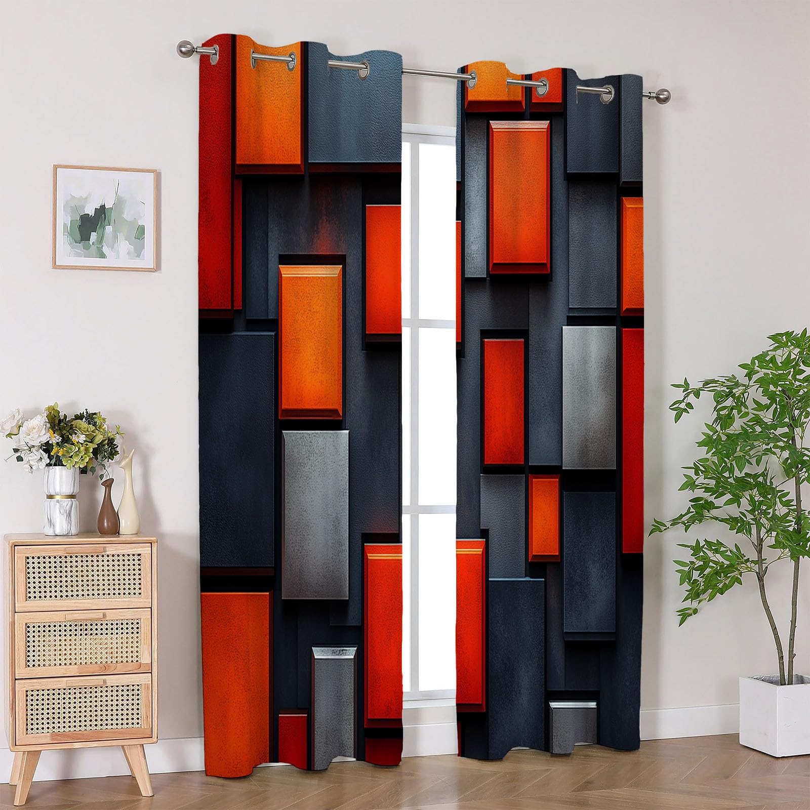 Blickdichte Gardinen - Modernes geometrisches Orangenblock Abstrakt Thermovorhang, Verdunkelungsvorhang für Wohnzimmer und Schlafzimmer-H180 x B140 cm (2er Pack)