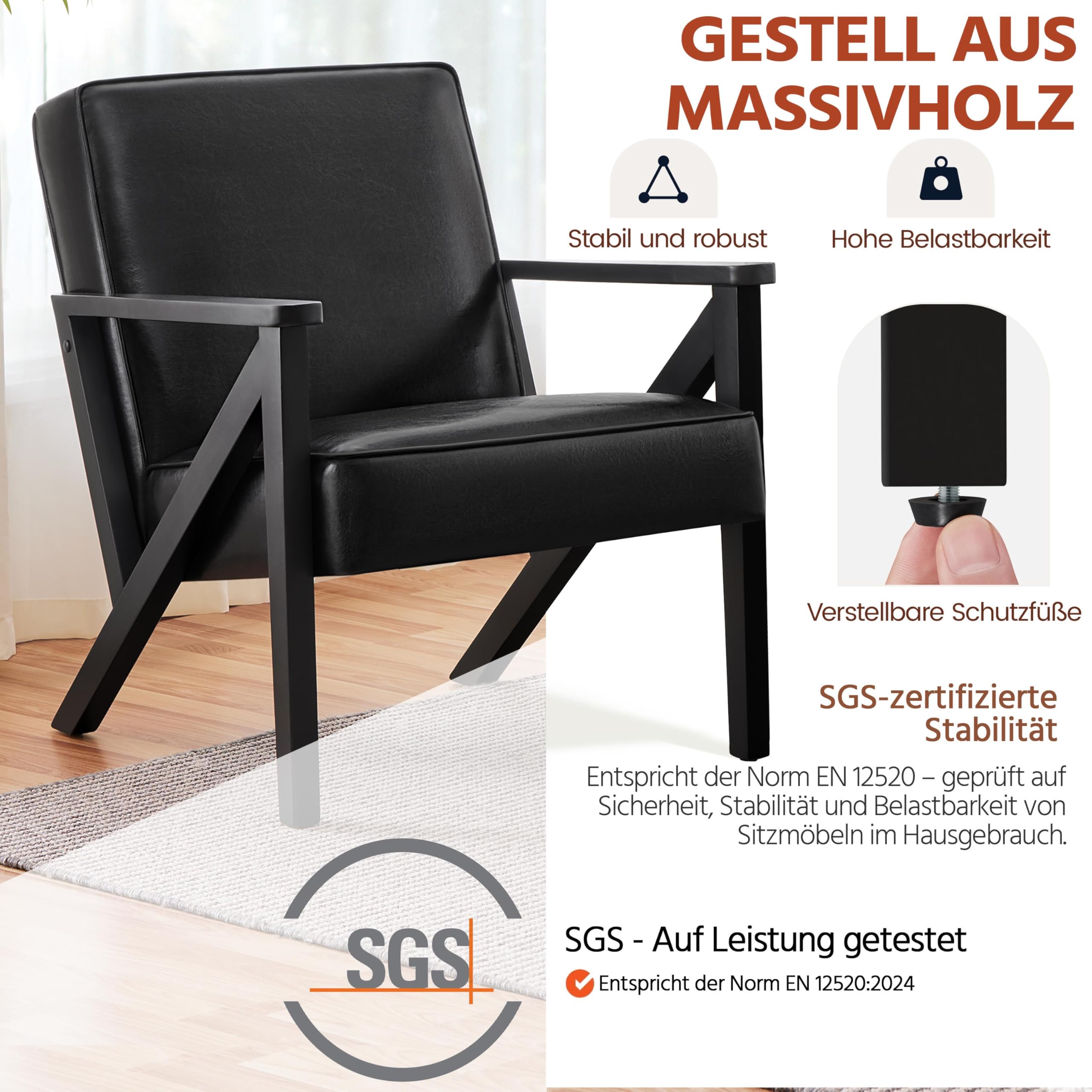 Yaheetech Fotel telewizyjny do wypoczynku, ze sztucznej skóry, fotel wypoczynkowy, tapicerowany, pojedyncza sofa z nogami z litego drewna, na balkon/do salonu/sypialni, recepcji, kolor czarny