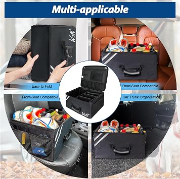 WOLT Car Trunk Organizer with Lid, Collapsible Multi Compartment SUV Organizer with Non-Slip Base Adjustable Straps
