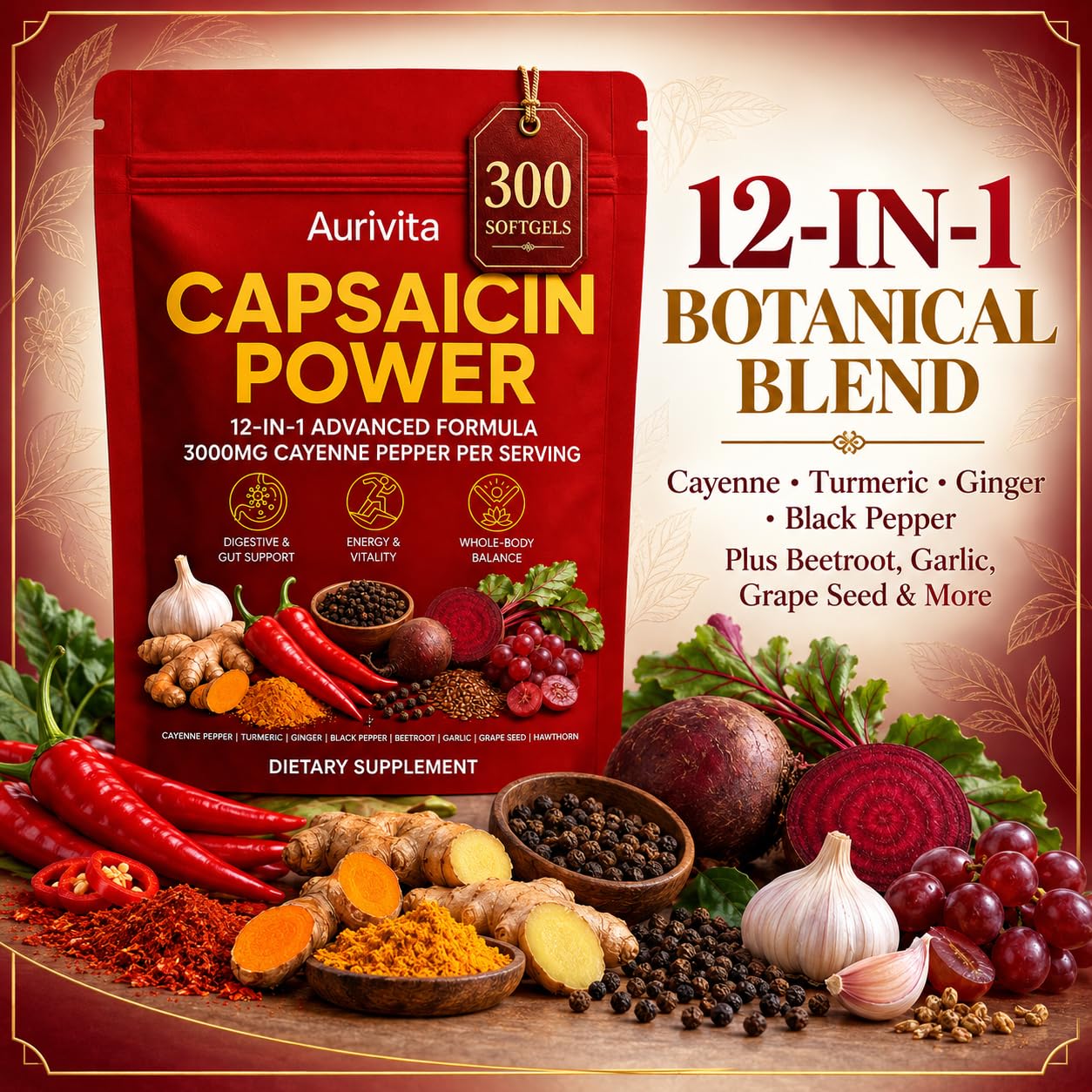 Aurivita Capsaicin Power - 300 Softgels Cayenne Pepper Supplement, with Vitamin E D3 & K2, Beetroot & Turmeric, Supports Circulation & Daily Energy — Amazon image 4