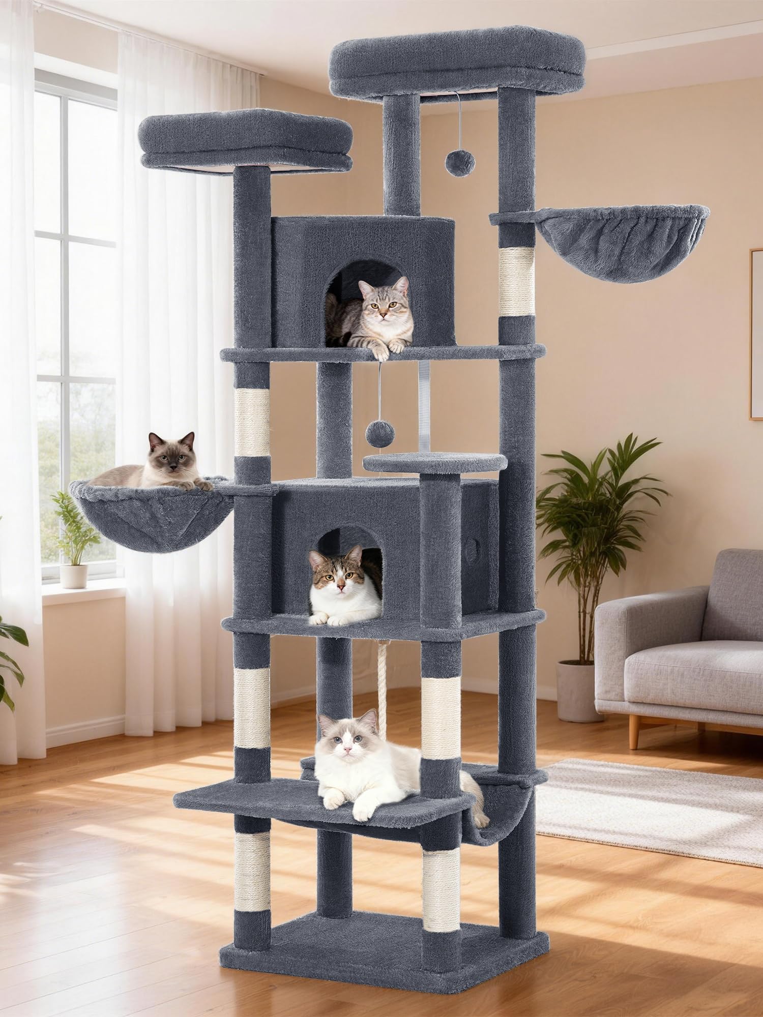 Fobyfurny Kratzbaum Groß 175 cm, Katzenbaum XL, Kratzbaum Große Katzen Stabil mit Kratzsäulen, 2 Gemütlichen Höhlen, 2 Plattformen, 2 Körben, Hängematte, für den Innenbereich, Dunkelgrau FPMS006FG2