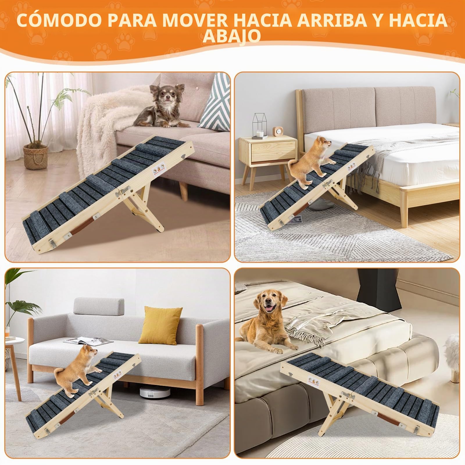 Rampa para perros, escalera de madera para perros pequeños y ancianos, ajustable 20-45 cm, con alfombrilla tritt antideslizante, rampa para mascotas, plegable, portátil, para cama o sofá/coche