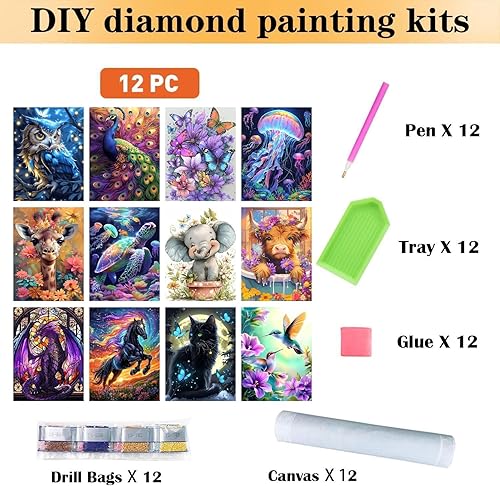 Miniatura 5 de CraftCraze Paquete de 12 kits de pintura de diamantes de animales para adultos, puntos de diamante 5D para adultos principiantes, kit de pintura por