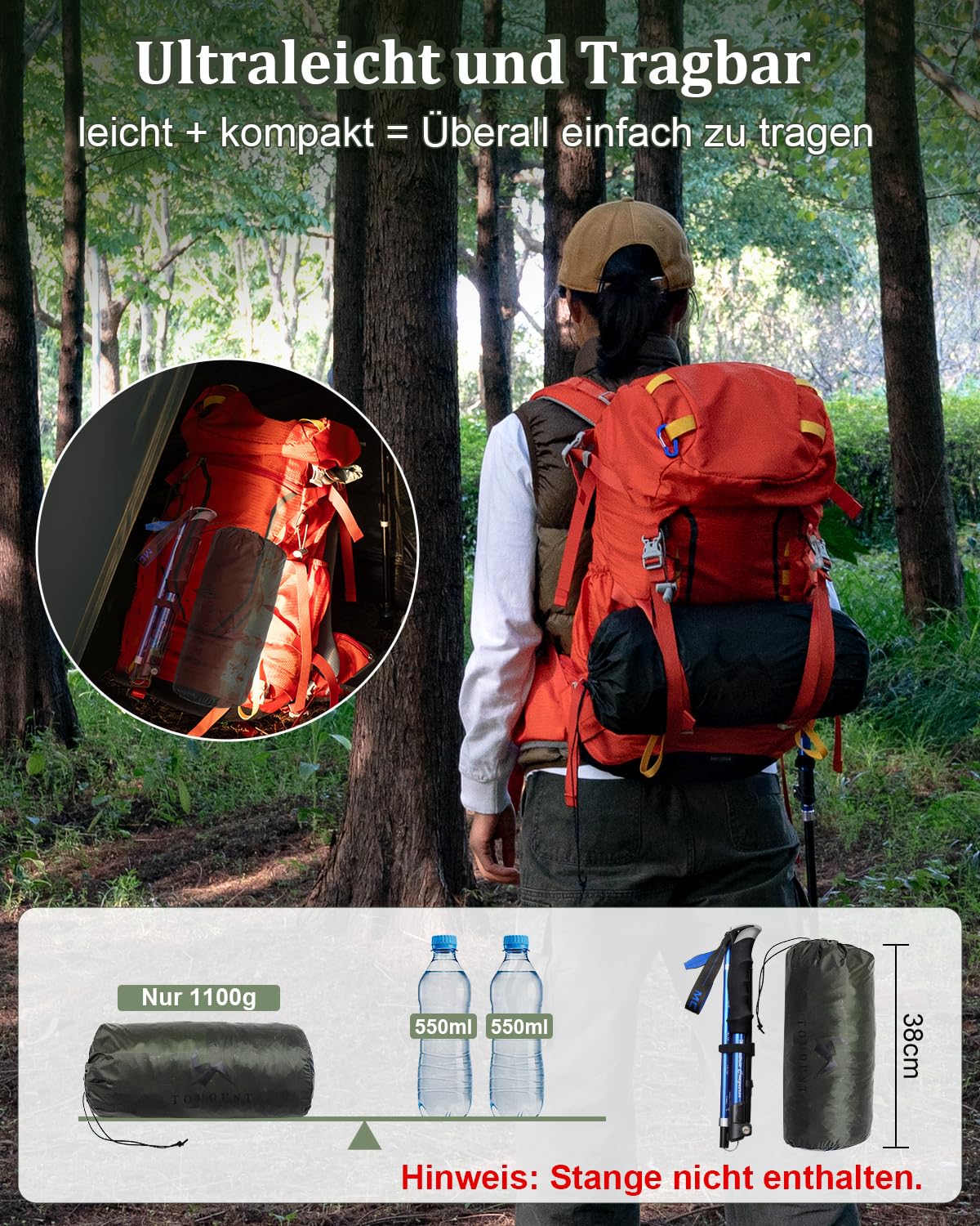 TOMOUNT Tente de trekking en nylon pour 1 personne - Tente sac à dos ultra légère et étanche en PU 3000 mm - Petite taille une fois repliée : 1,1 kg - Sac de bivouac pour camping, randonnée, randonnée