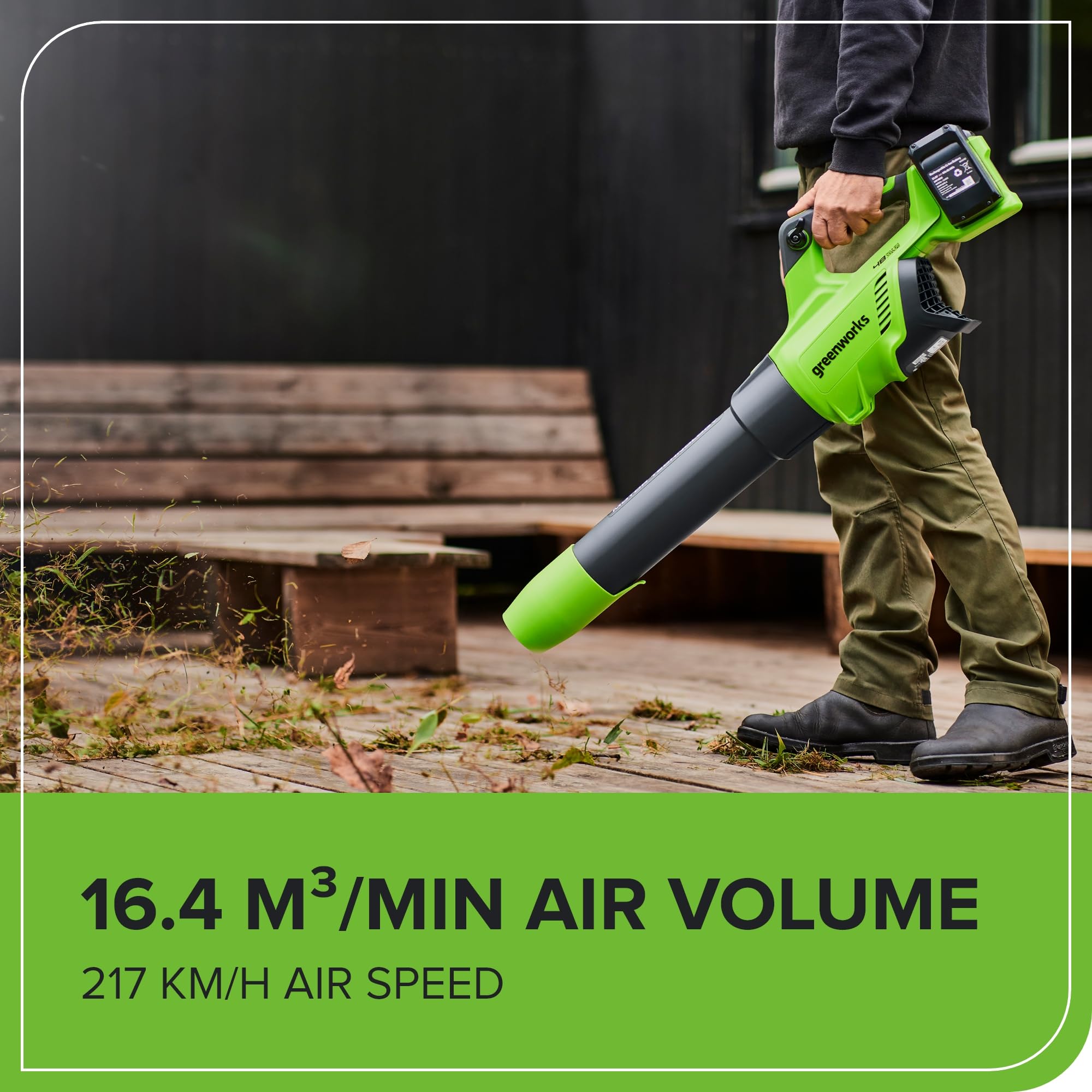Greenworks 48V(24V x 2) Soplador de Hojas a Batería Axial, con Motor sin Escobillas, Función Turbo, 217 km/h, 16,4 m³/min Dos de las Baterías de y Cargador, Garantía de 3 Años GD24X2AB