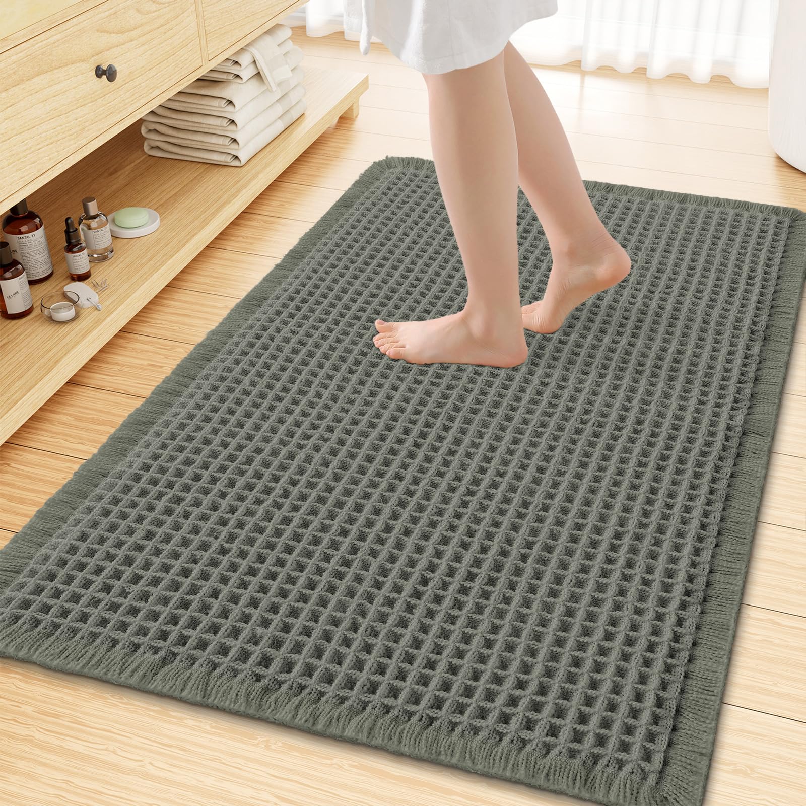 Smiry Waffle Bath Mat 47X32, Extra Soft Absorbent Bathroom Rugs, Green