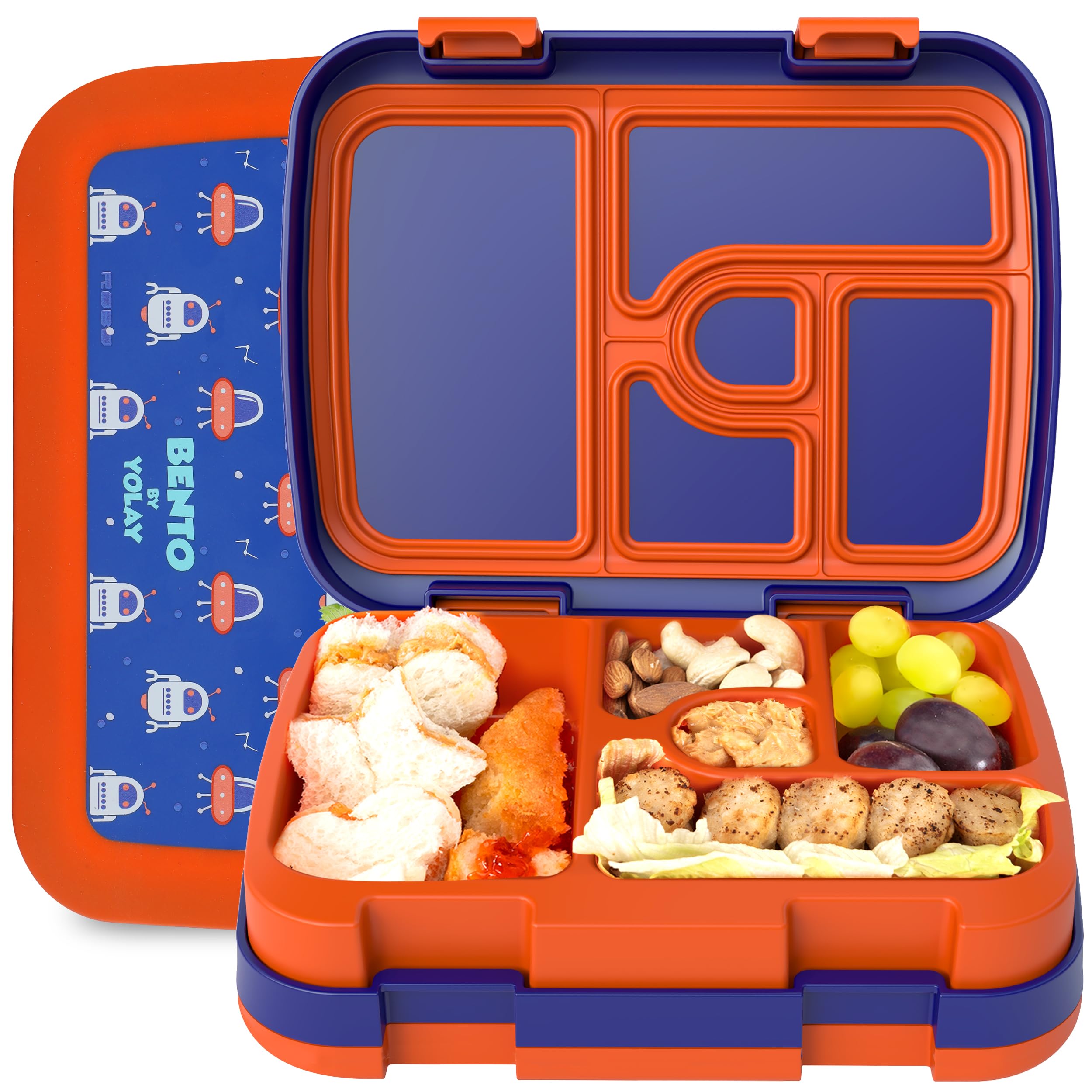YOLAY Bento Box for Kids Lunch Box Leak-Proof, 5-Compartment Lunch Box Kids for Ages 3-10, Durable with Anti-Slip Base, Suitable for Schools, Outdoor and Travel (Mermaid) (Robo)