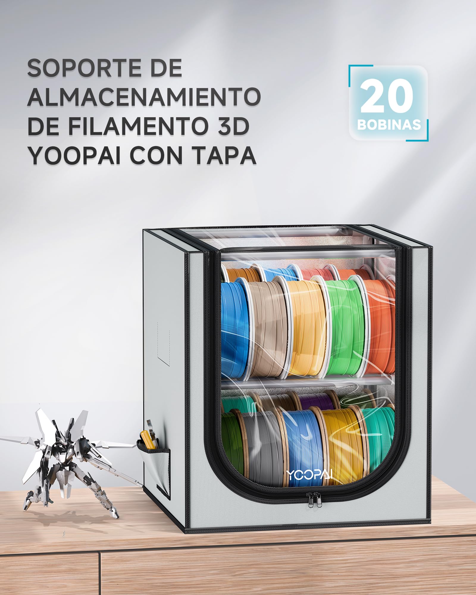 YOOPAI Caja de almacenamiento de filamentos para impresora 3D con desecantes, estante de almacenamiento de filamentos de metal de 2 niveles con cubierta de tela, capacidad para hasta 24 rollos de
