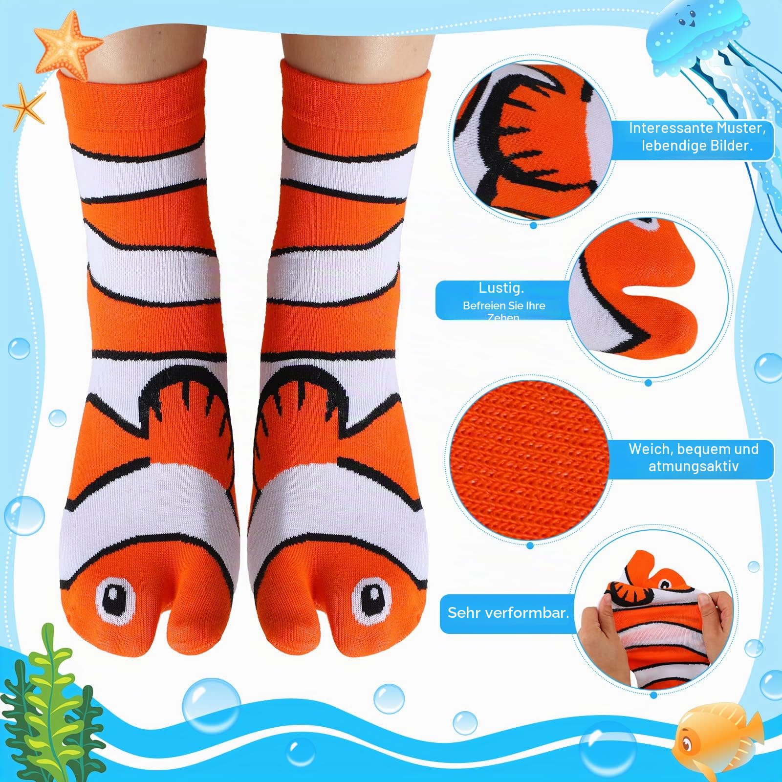Neer Lustige Fischsocken, Tabi-Socken für Damen und Herren, weiche Baumwolle, Ozean, Meerestier, Crew-Socken für Flip-Flops, niedliches Gag-Geschenk für Geburtstage und Partys, 12 Paar